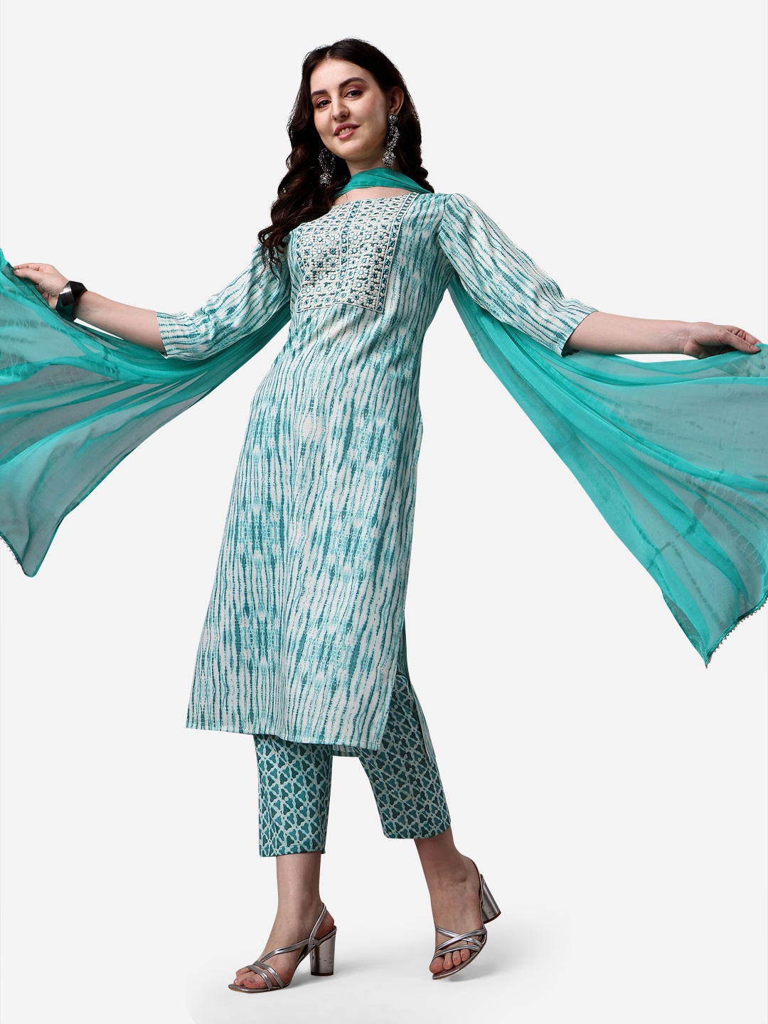 Berrylicious Women Floral Embroidered Mirror Work Kurta with Trousers & Dupatta, Blue