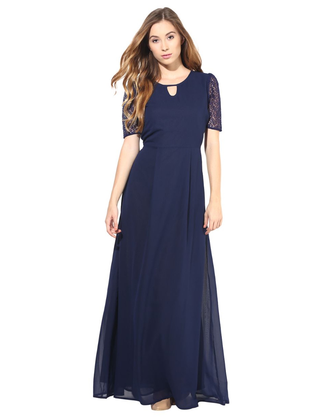 

La Zoire Keyhole Neck Georgette Maxi Dress, Navy blue