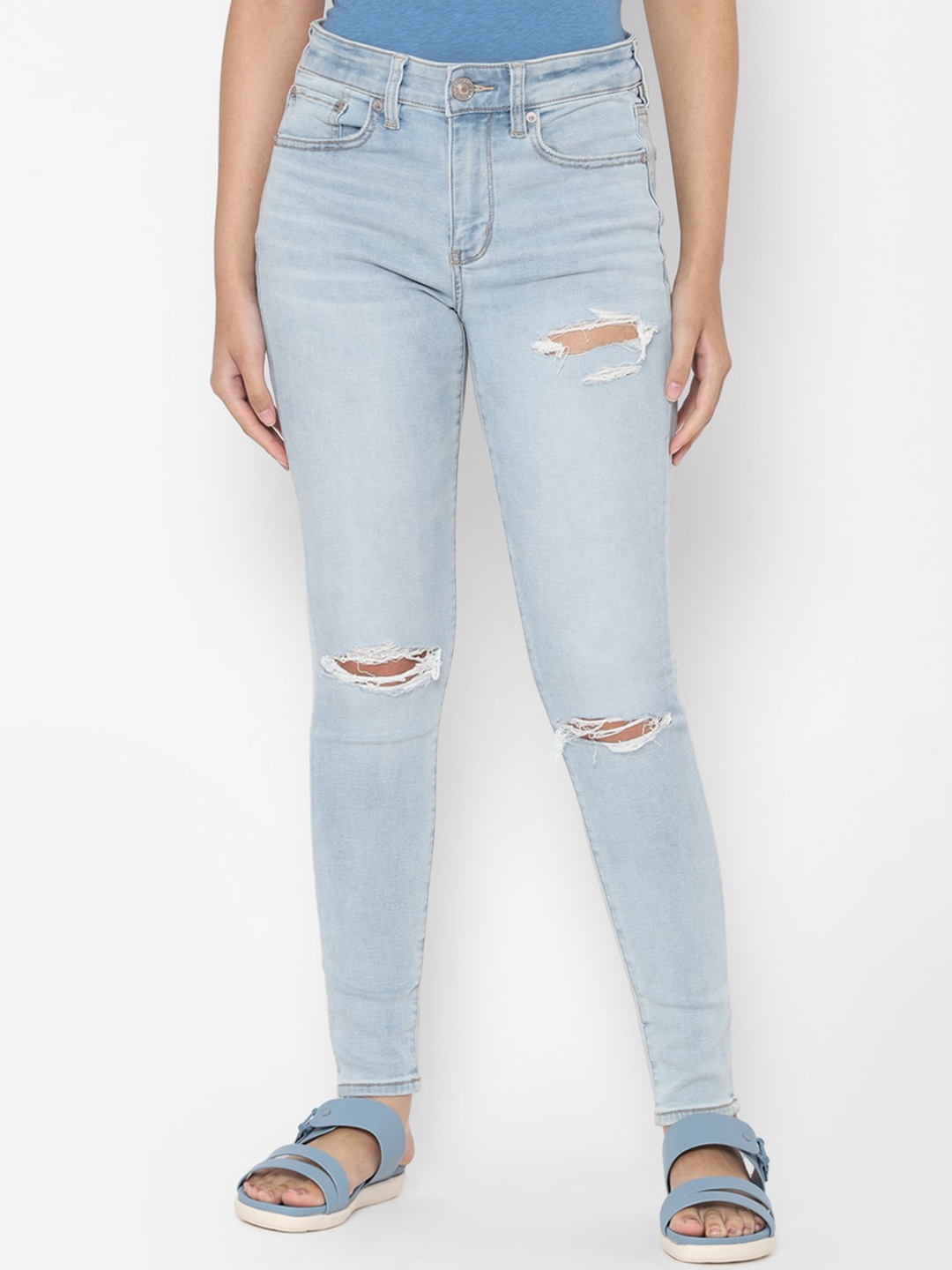 

AMERICAN EAGLE OUTFITTERS Women Slim Fit Slash Knee Heavy Fade Cotton Jeans, Blue