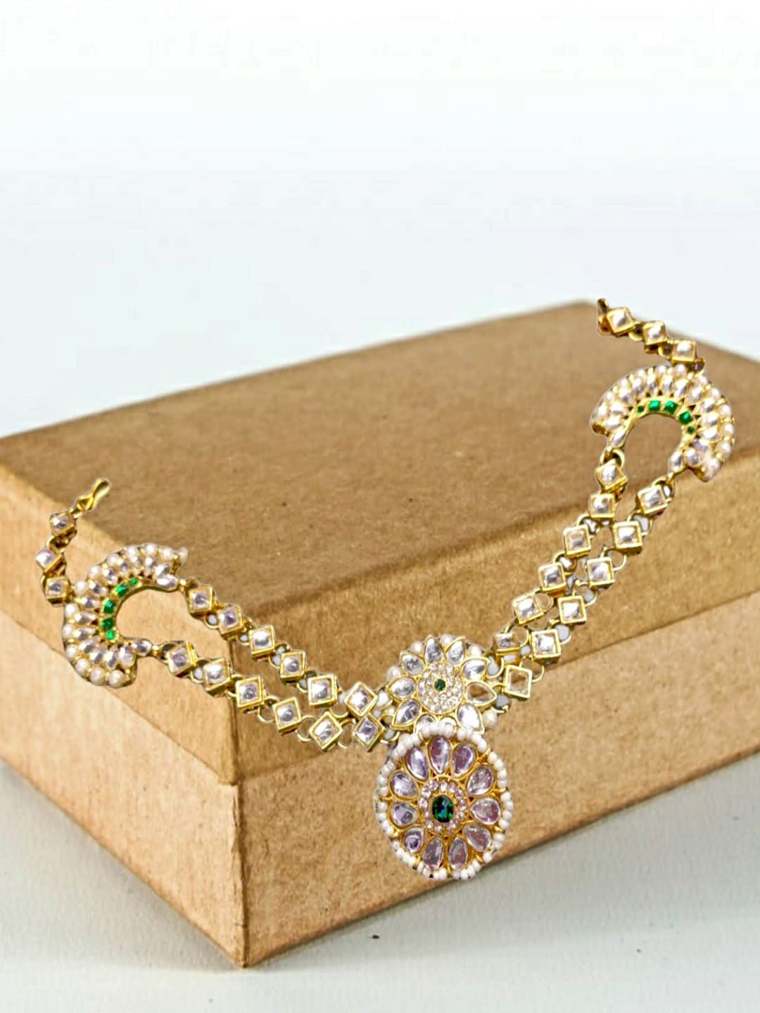 

Proplady Rose Gold-Plated Kundan Studded & Beaded Matha Patti With Borla Maang Tika, Green