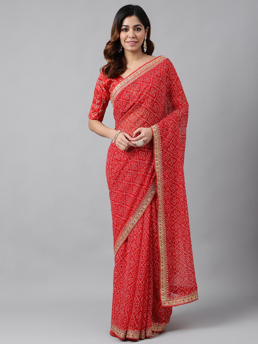 

Globon Impex Bandhani Embroidered Pure Georgette Bandhani Saree, Red