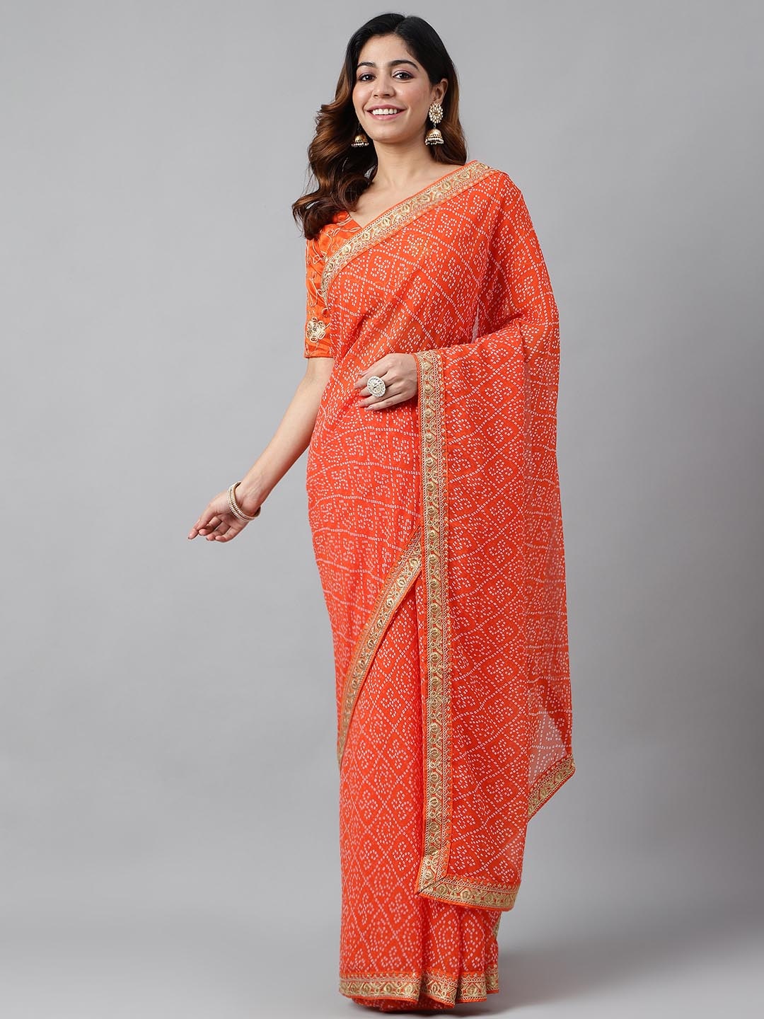 

Globon Impex Bandhani Printed Pure Georgette Bandhani Saree, Orange