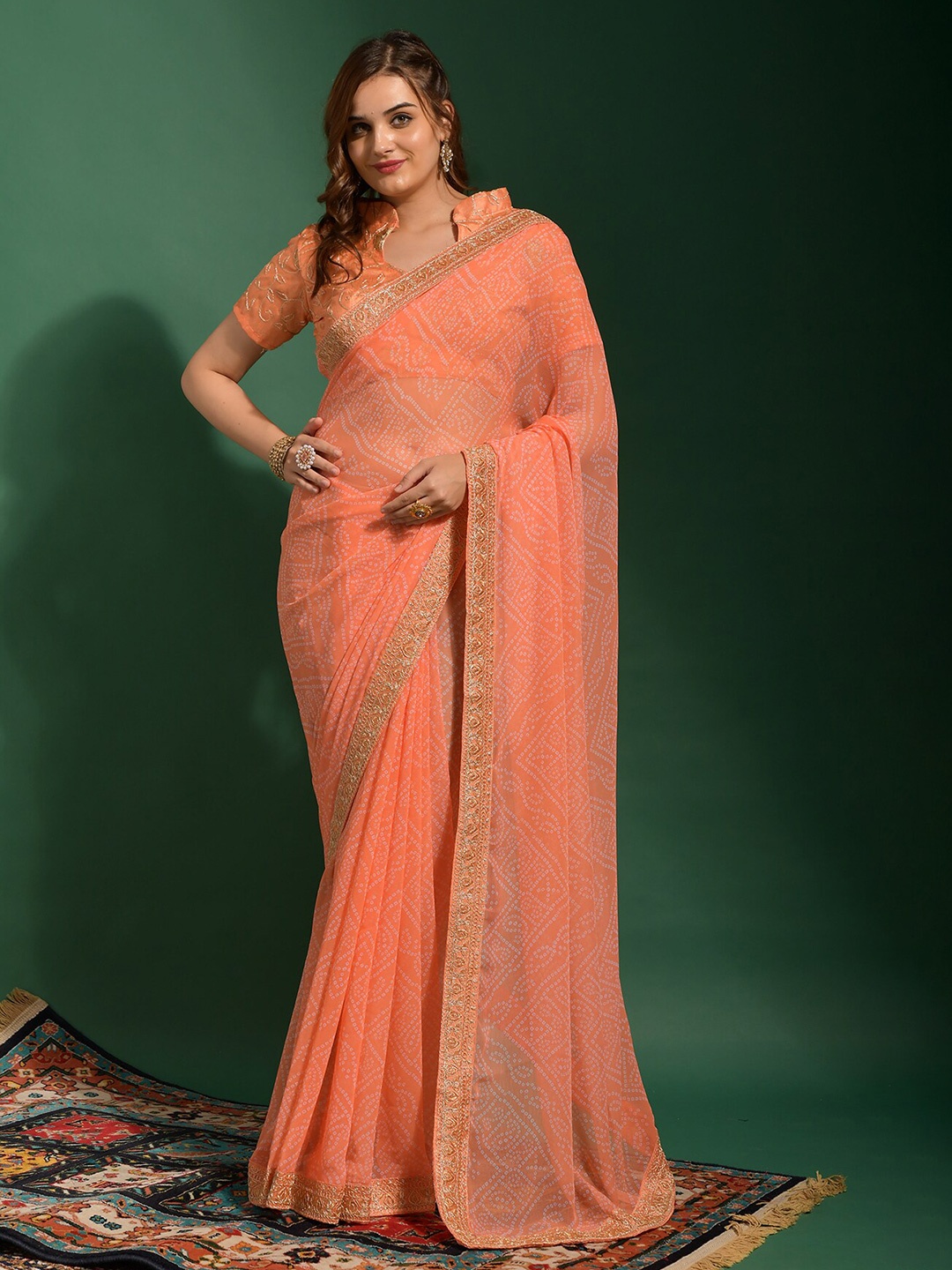 

Globon Impex Bandhani Embroidered Pure Georgette Bandhani Saree, Peach
