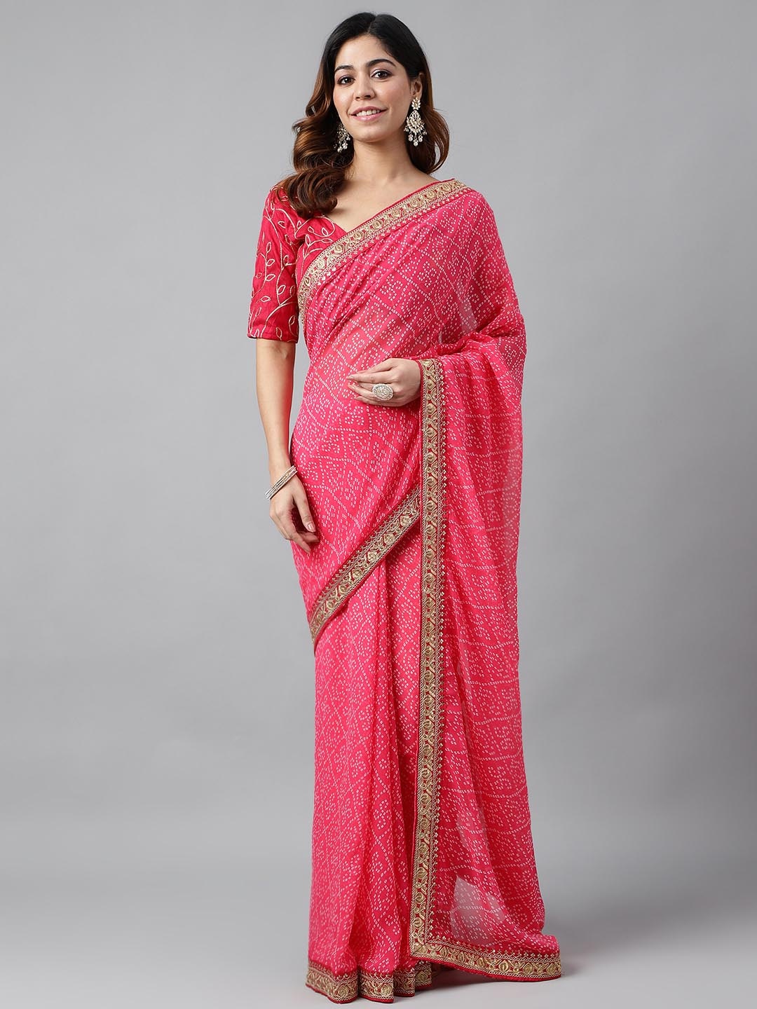 

Globon Impex Bandhani Embroidered Pure Georgette Bandhani Saree, Pink