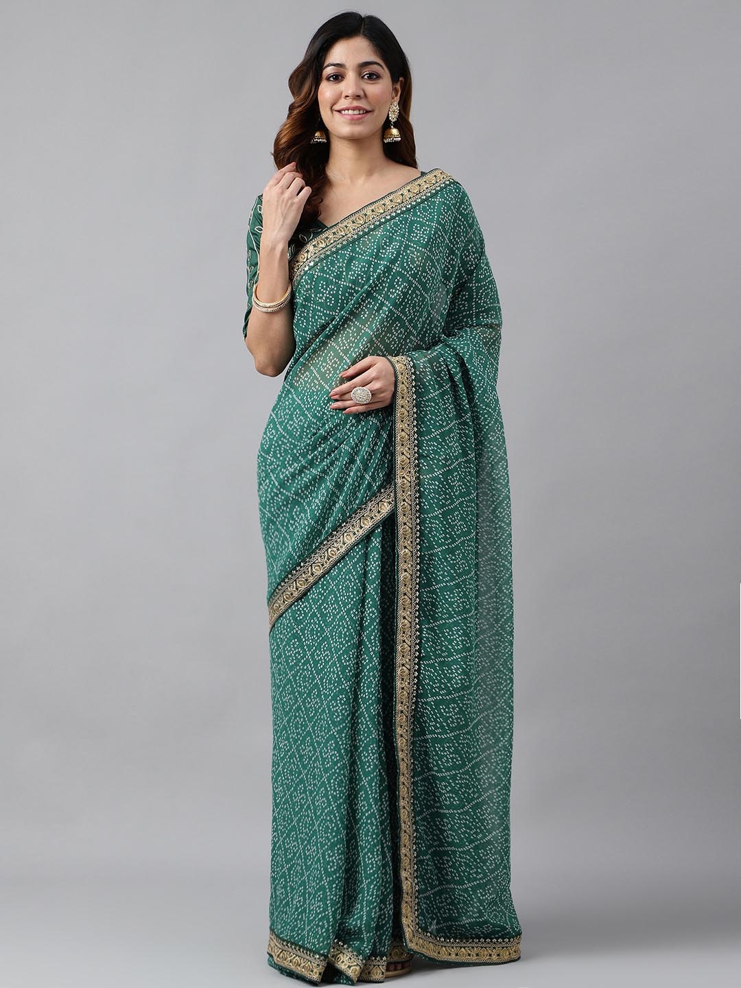 

Globon Impex Bandhani Embroidered Pure Georgette Bandhani Saree, Sea green
