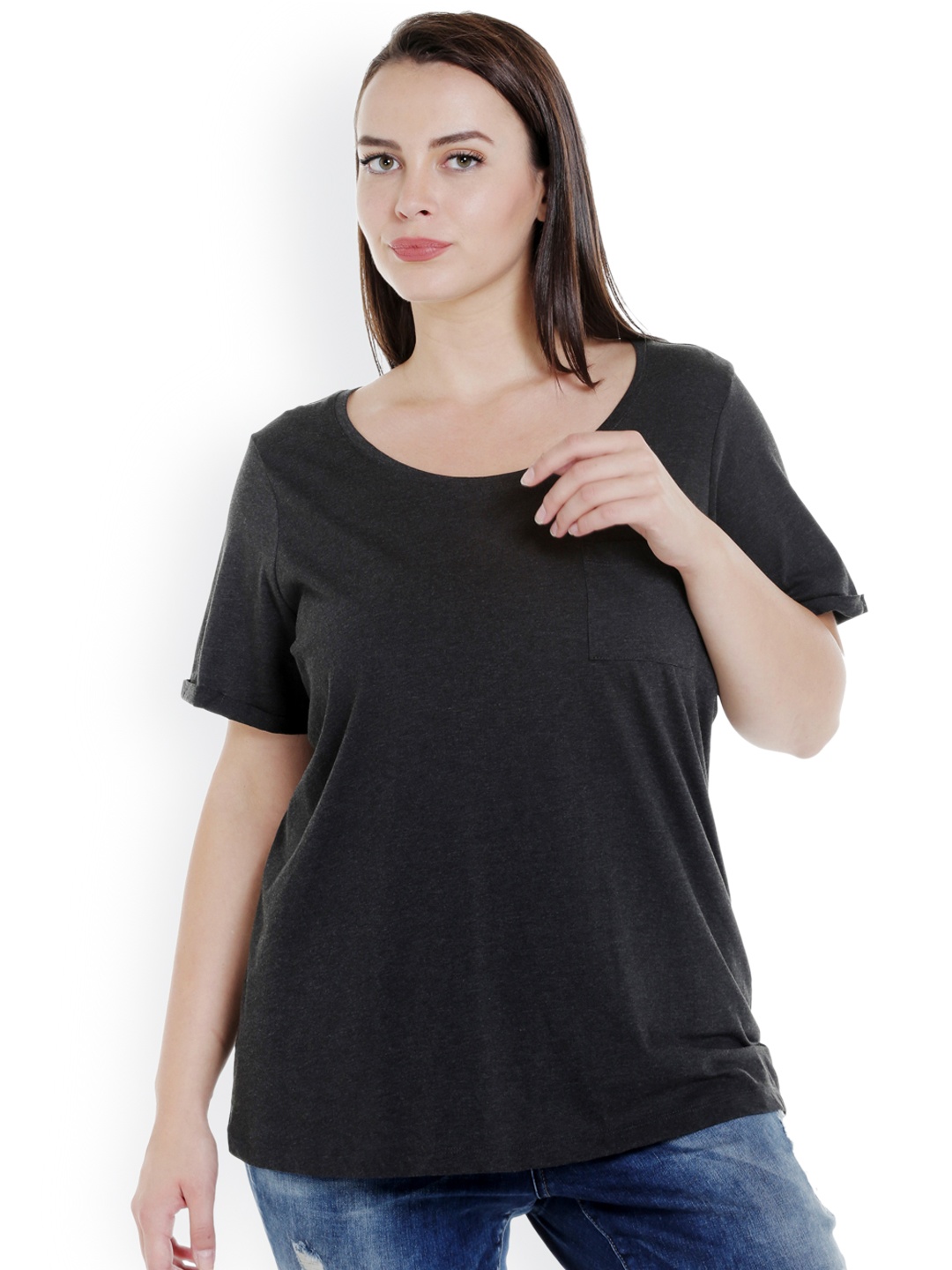 

JUNAROSE Plus Size Women Charcoal Grey Solid Round Neck T-shirt