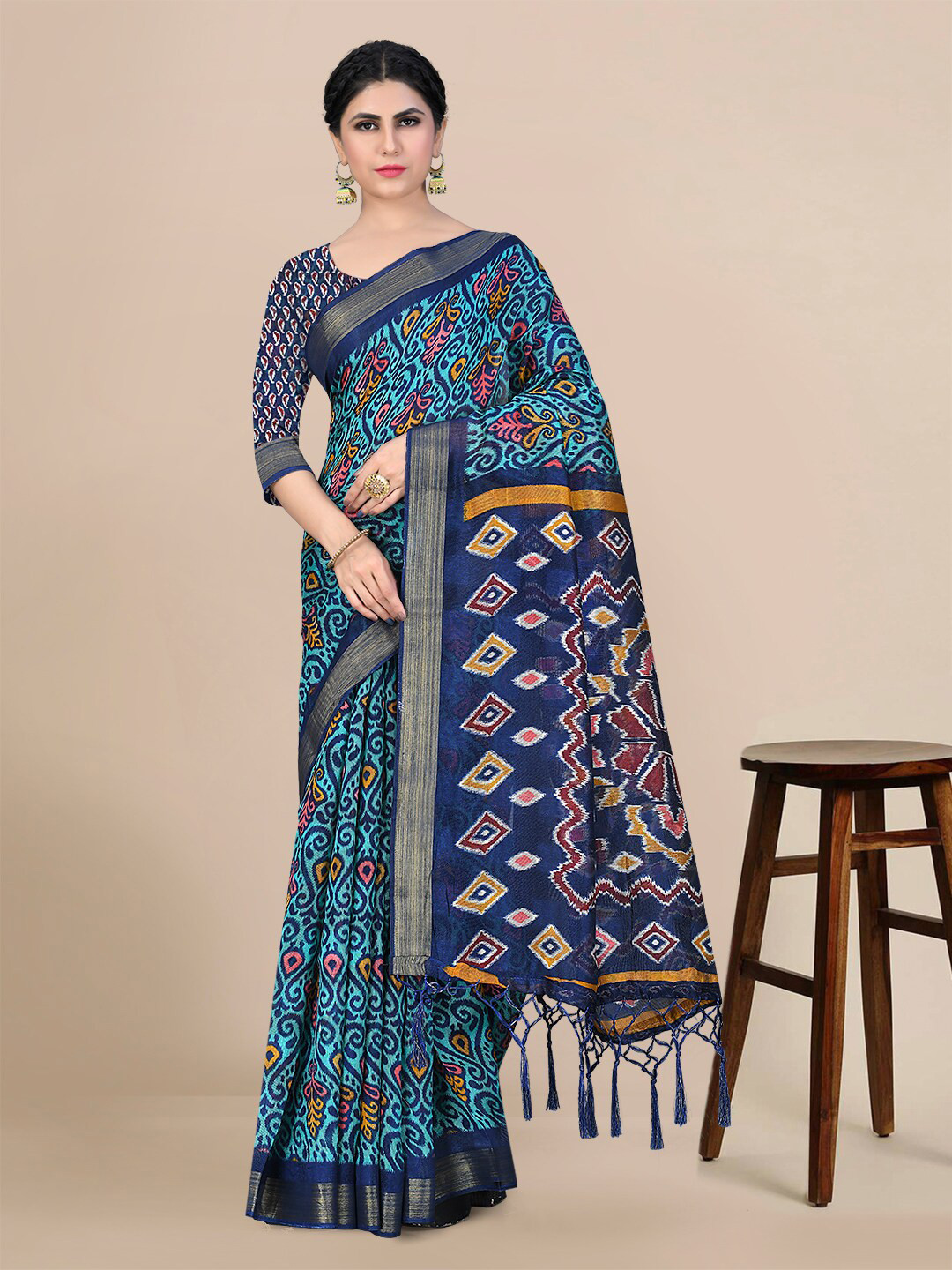 

KALINI Ethnic Motifs Zari Pure Cotton Saree, Navy blue