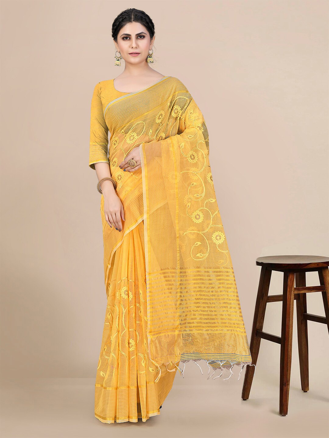 

KALINI Floral Zari Net Saree, Yellow