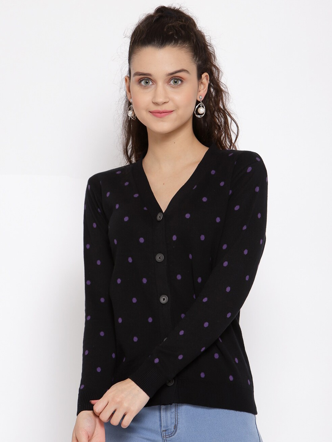 

Kalt Women Black & Purple Printed Full Sleeves Acrylic Cardigan