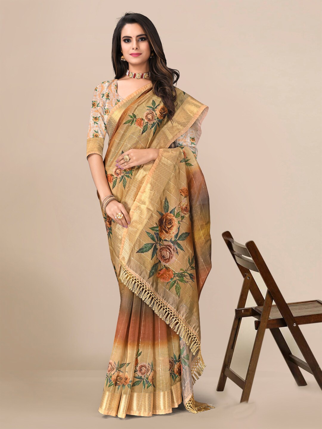 

Mitera Floral Zari Saree, Orange