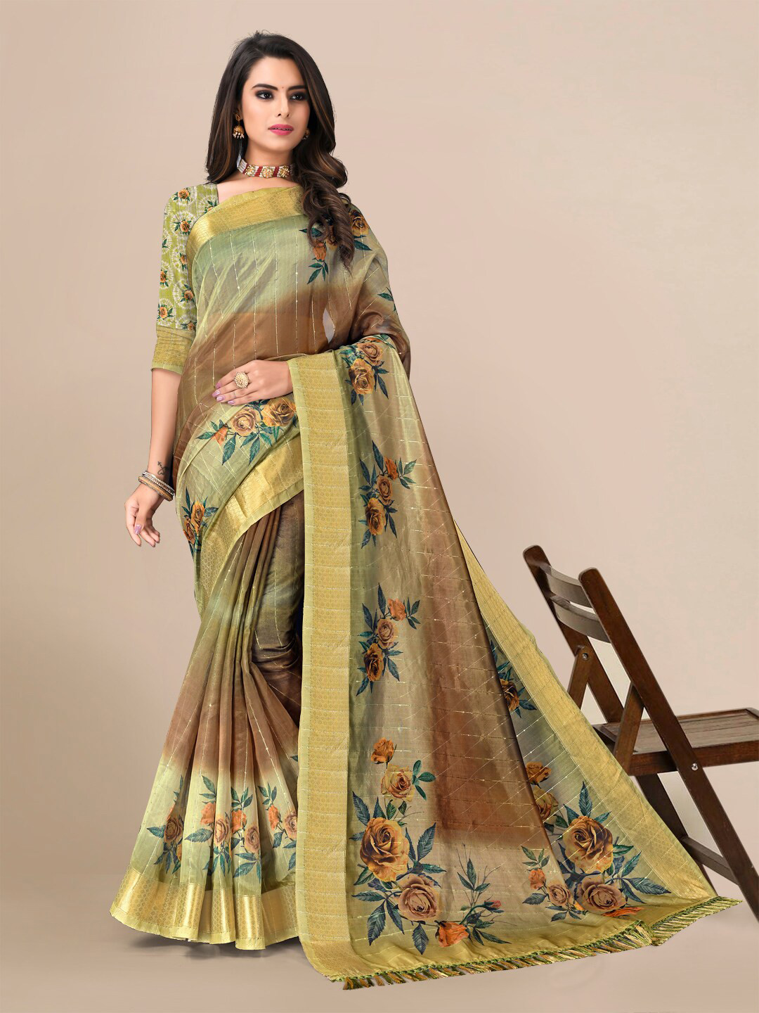 

Mitera Floral Zari Saree, Brown