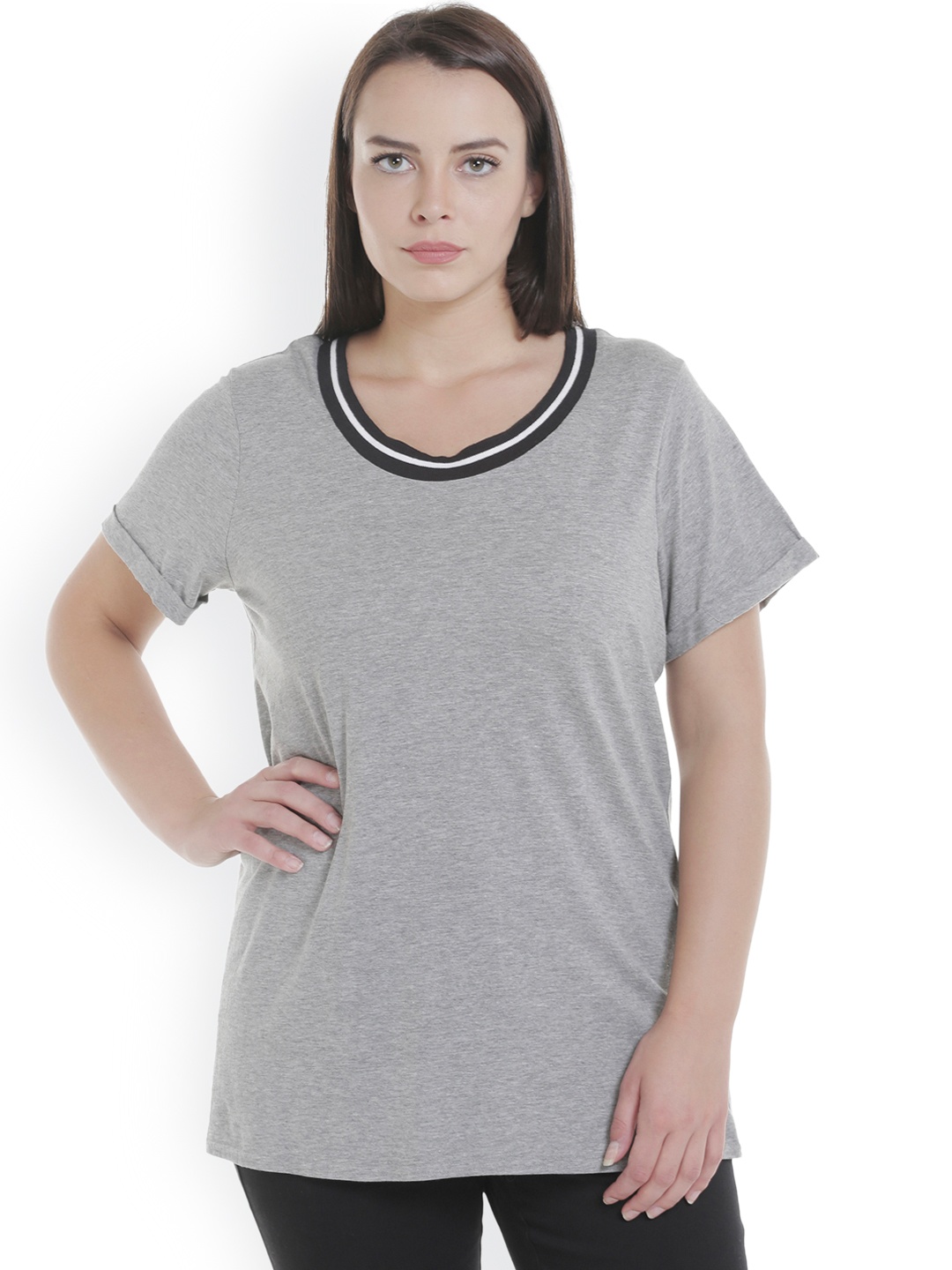 

JUNAROSE Plus Size Women Grey Solid Round Neck T-shirt