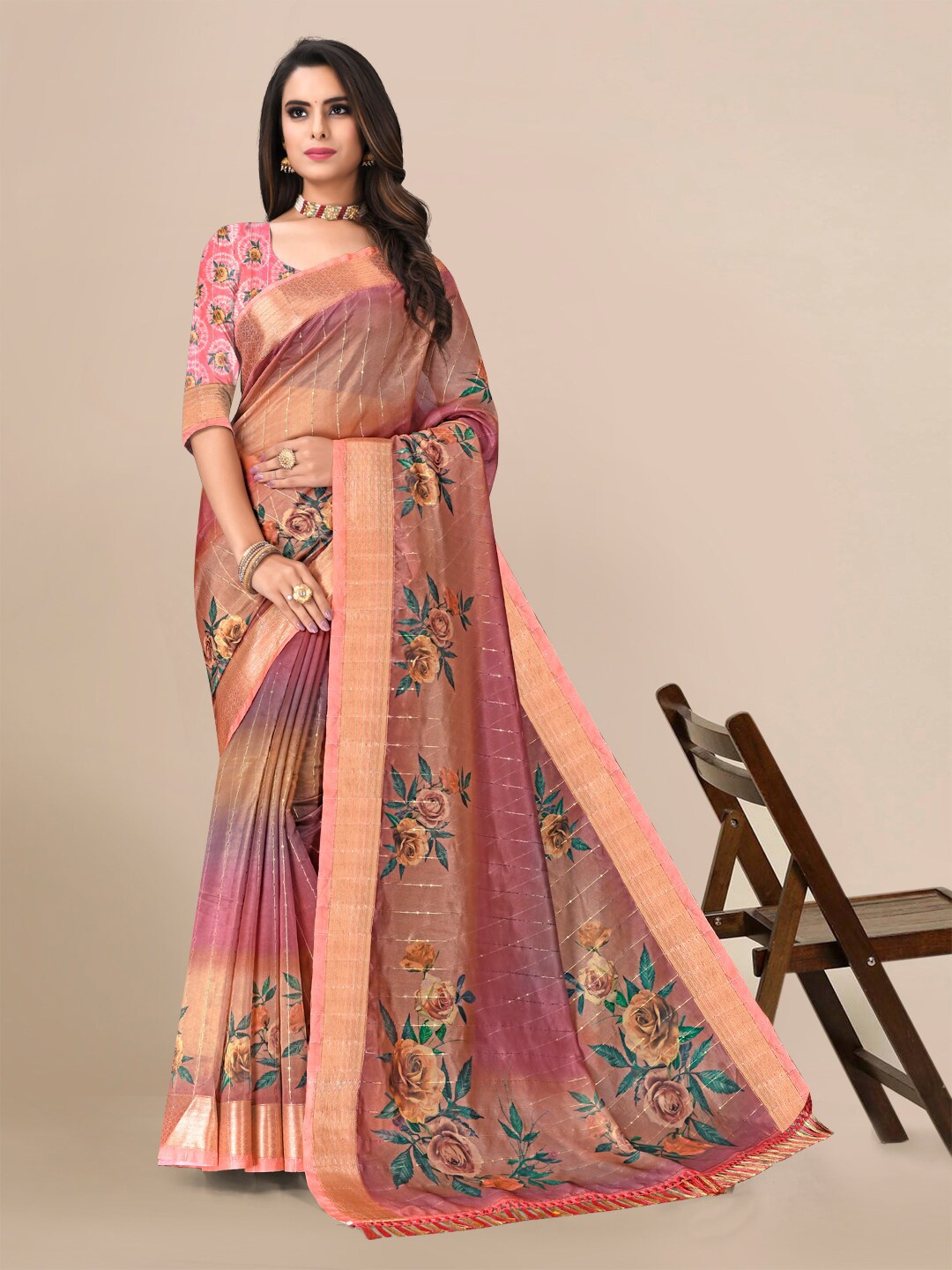 

Mitera Floral Zari Saree, Pink