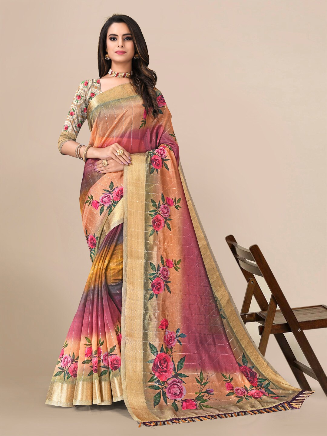 

Mitera Floral Zari Saree, Purple