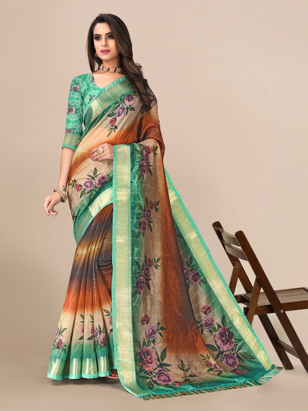 

Mitera Printed Embellished Sequinned Organza Saree, Orange