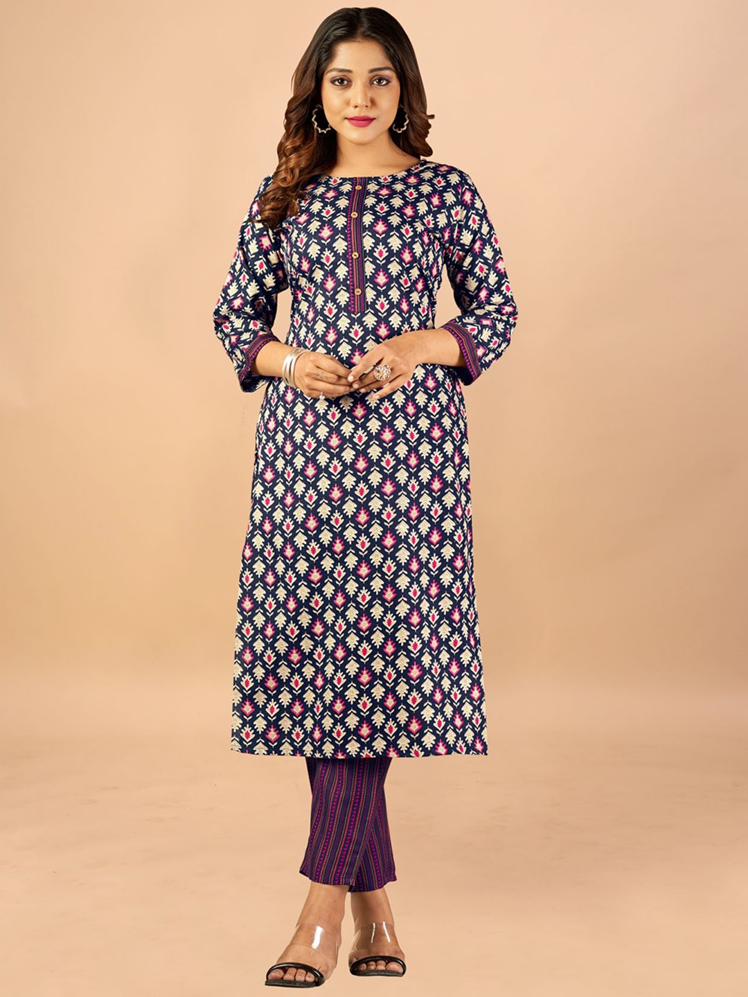 

KALINI Women Ethnic Motifs Printed Pure Cotton Kurta with Trousers, Purple