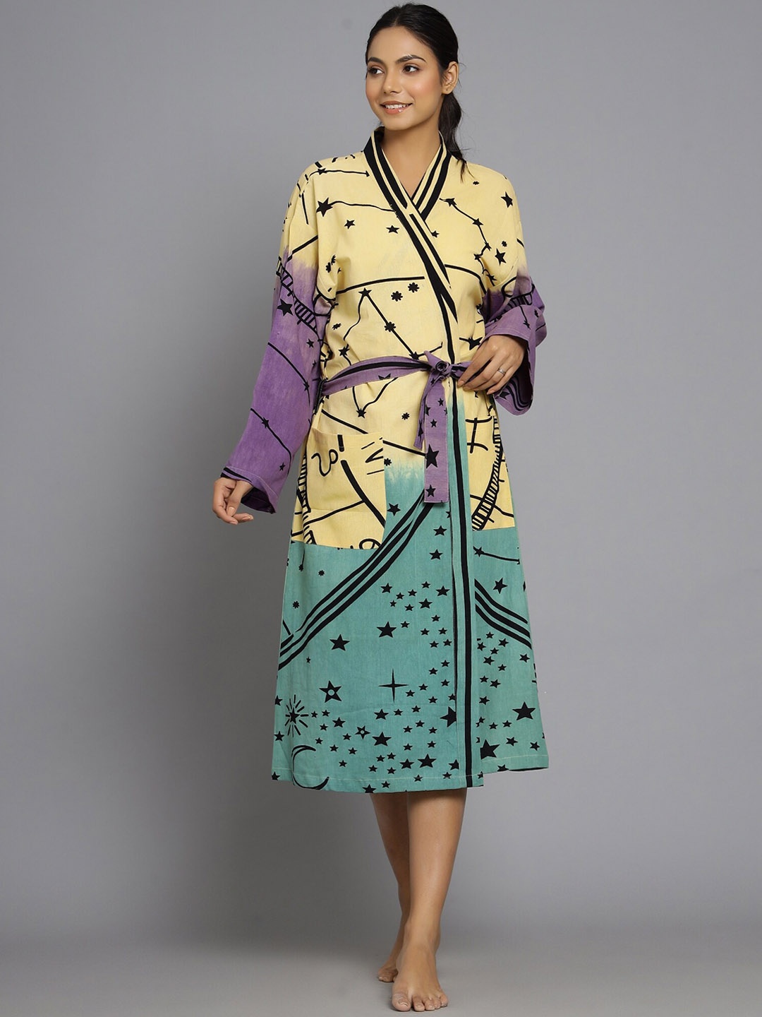 

HANDICRAFT PALACE Women Green & Yellow Printed Pure Cotton Bath Robe With Belt