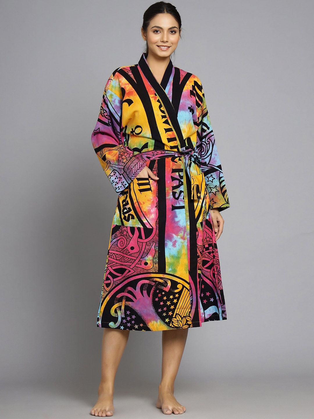 

HANDICRAFT PALACE Women Black & Yellow Printed Pure Cotton Bath Robe