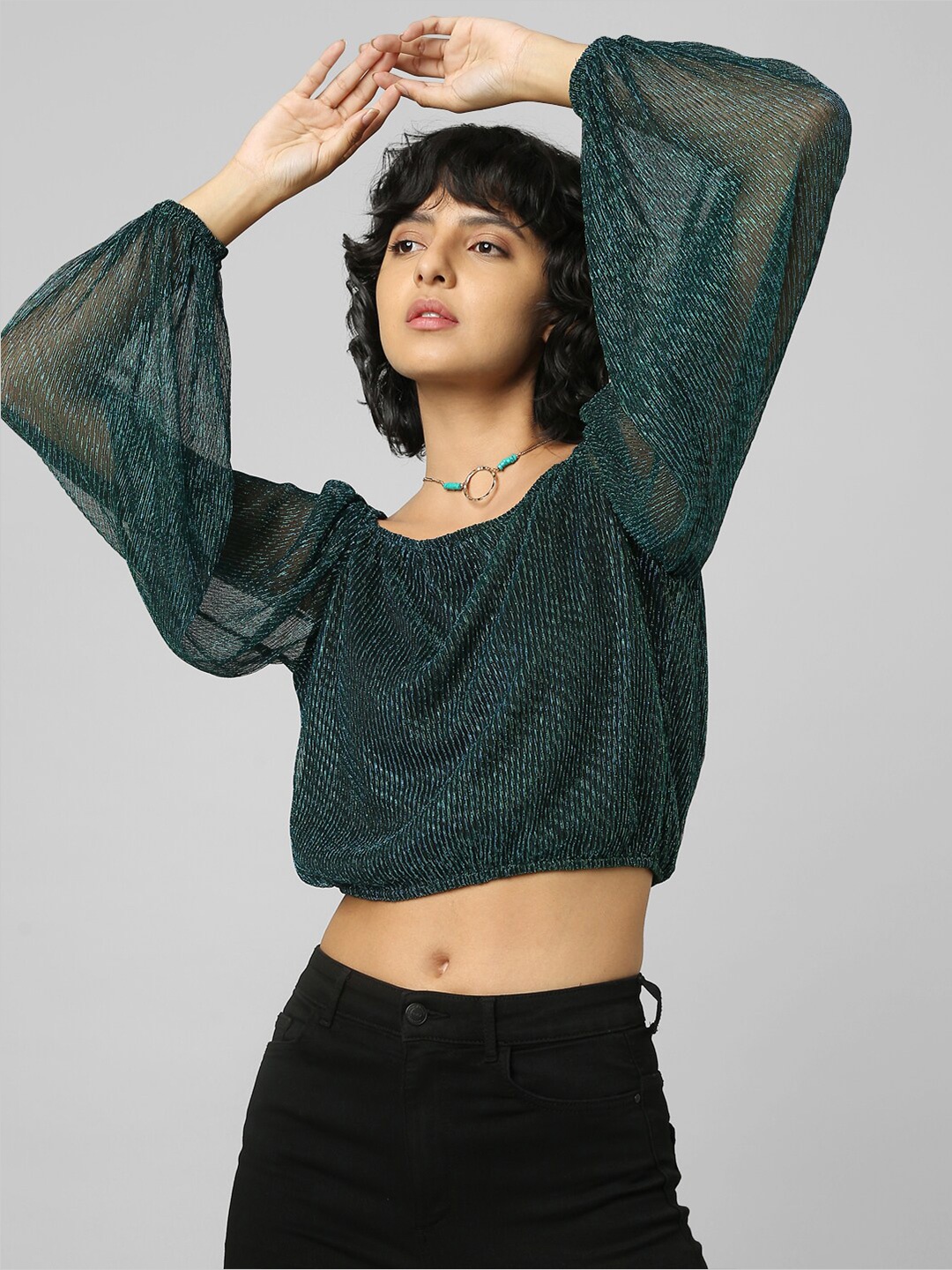 

ONLY Embellished Blouson Puff Sleeves Crop Top, Green