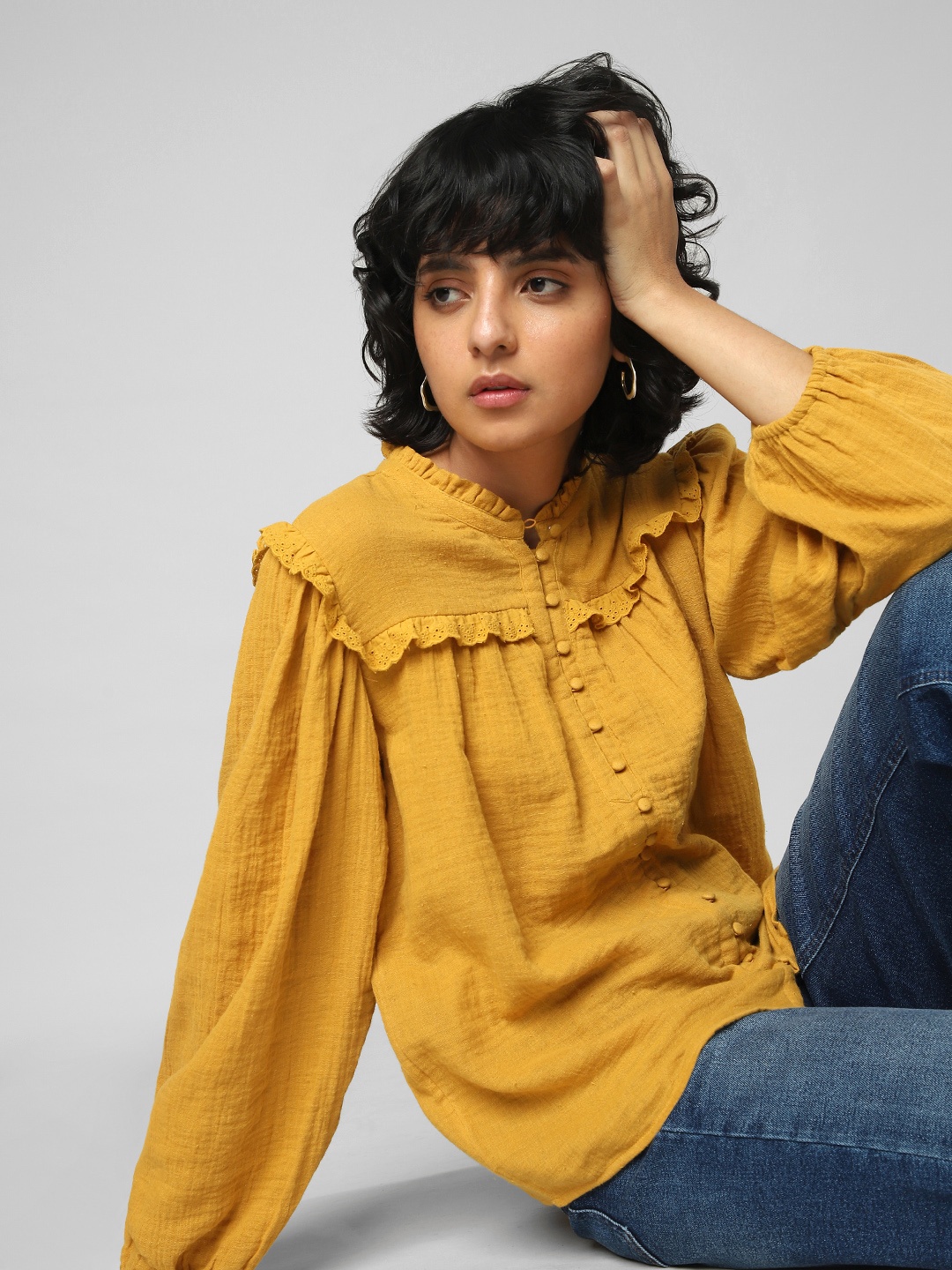 

ONLY Mandarin Collar Lace Cotton Shirt Style Top, Yellow