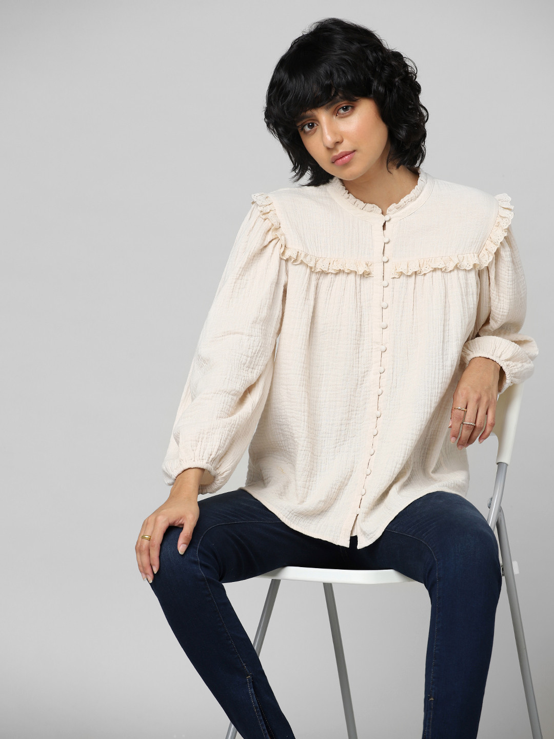 

ONLY Lace Shirt Style Cotton Top, Beige