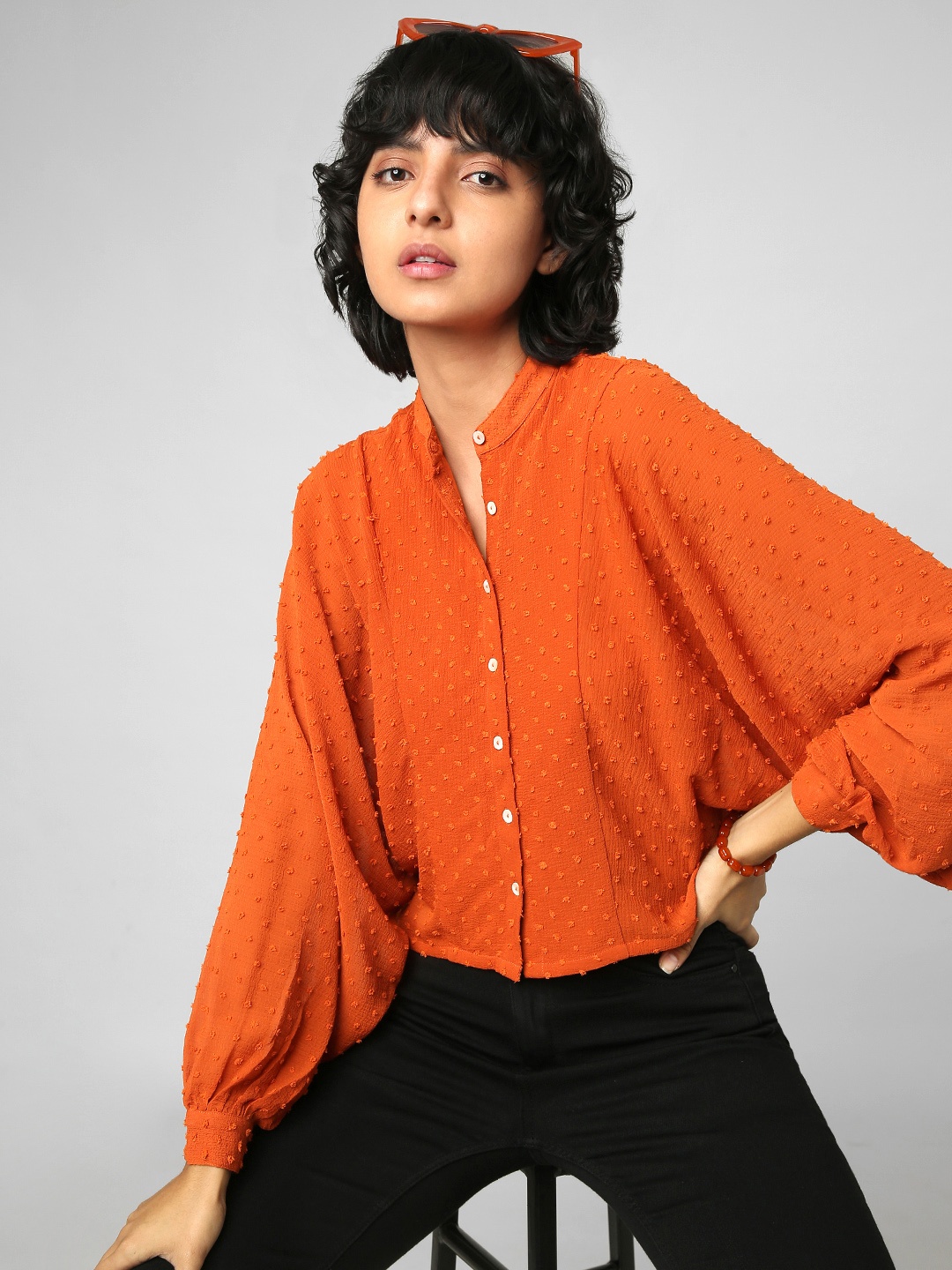 

ONLY Mandarin Collar Shirt Style Top, Orange