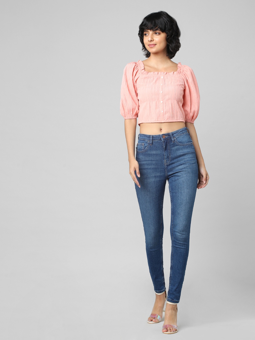 

ONLY Puff Sleeves Blouson Crop Top, Pink