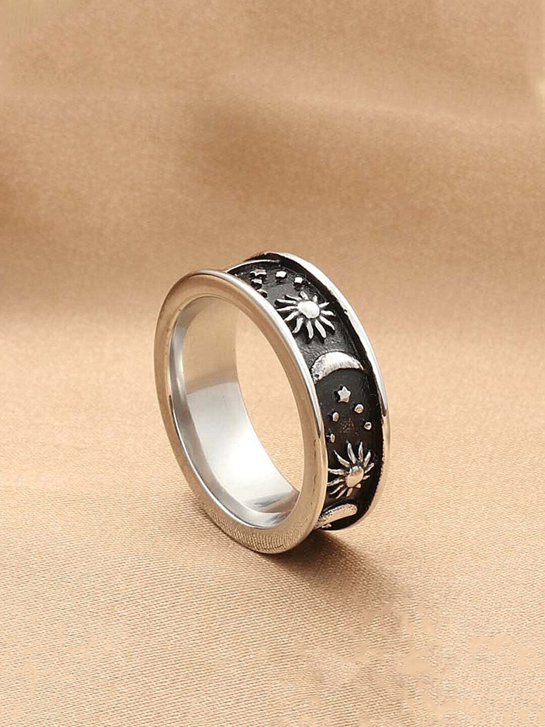 

Yellow Chimes Sun Moon Star Design Band Ring, Silver