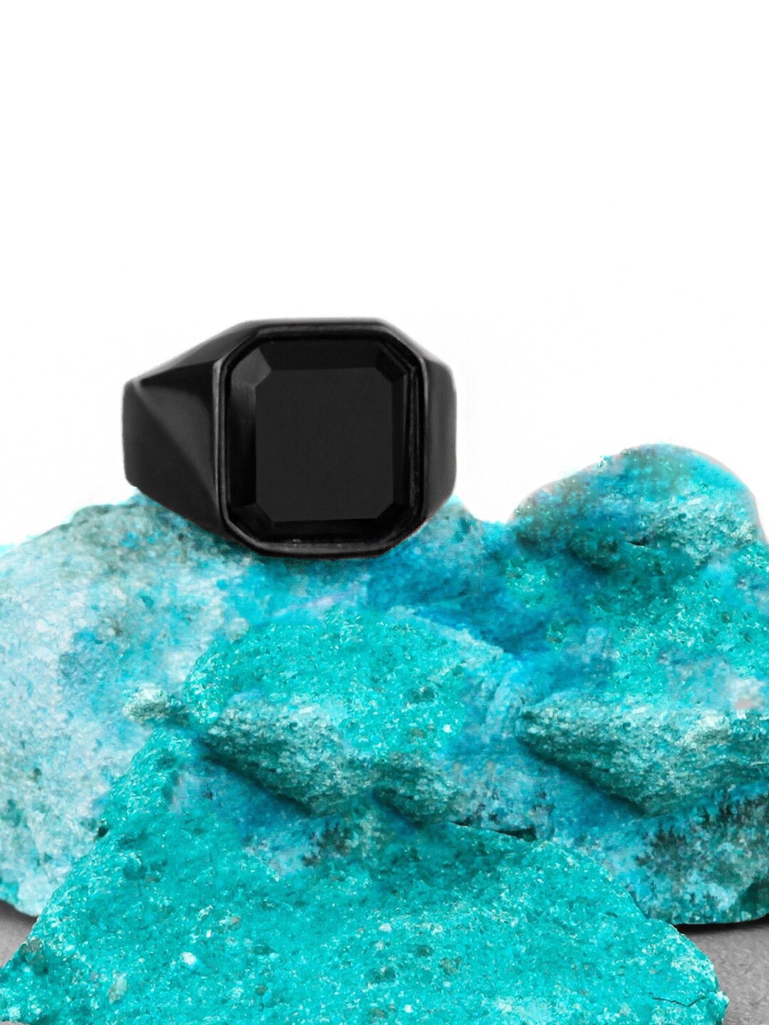 

Yellow Chimes Men Stone Studded Square Shaped Stainless Steel Finger Ring, Black
