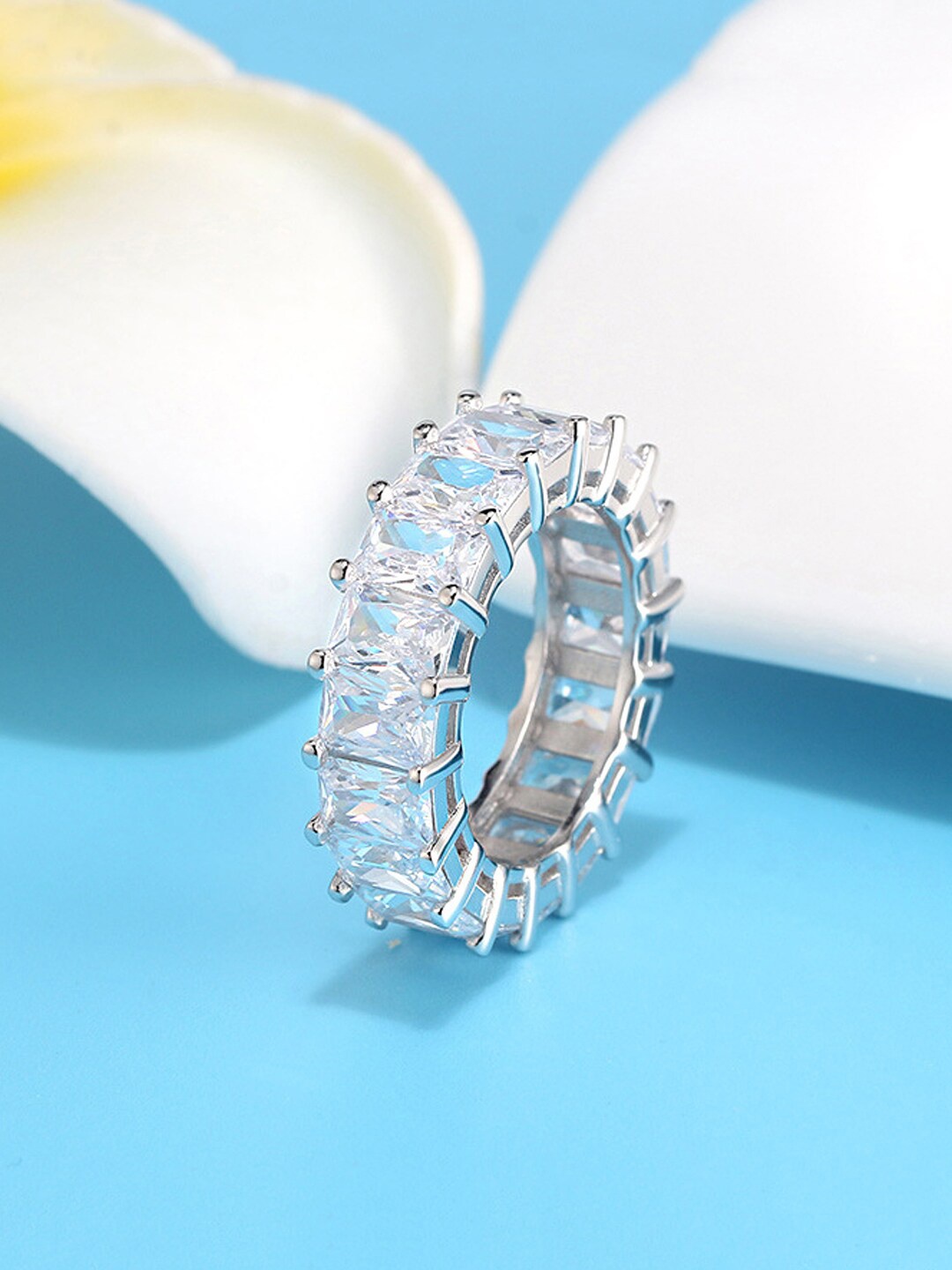 

Yellow Chimes Women White Crystal Silver Plated Eternity Band Rings