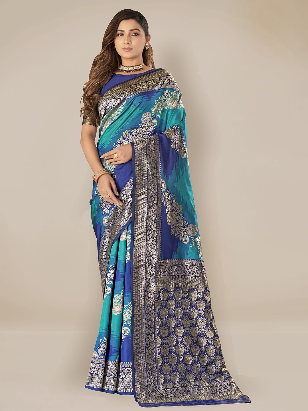 

MANOHARI Woven Design Zari Silk Blend Banarasi Saree, Blue