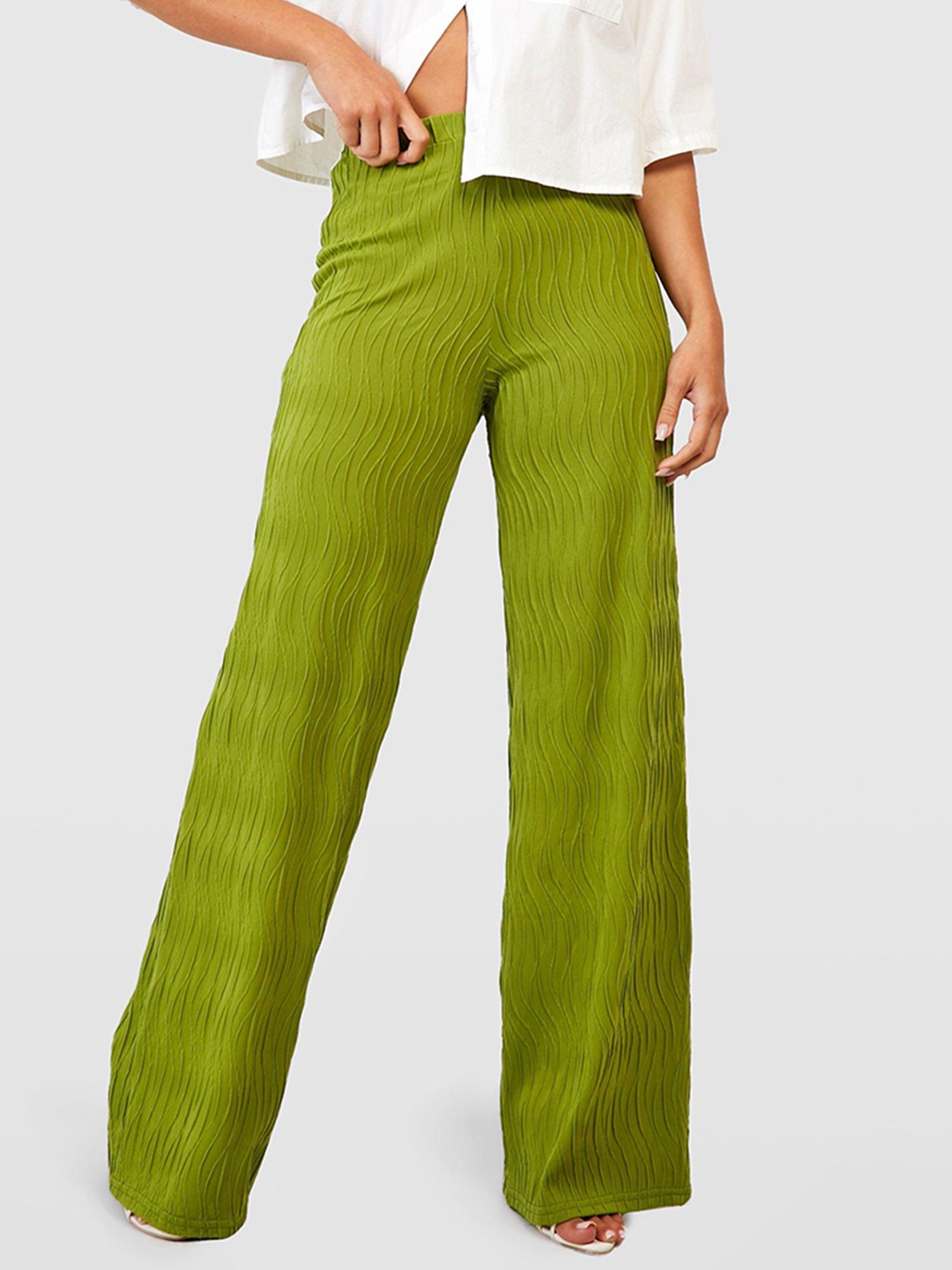 

Boohoo Women Textured Wide Leg Trousers, Green