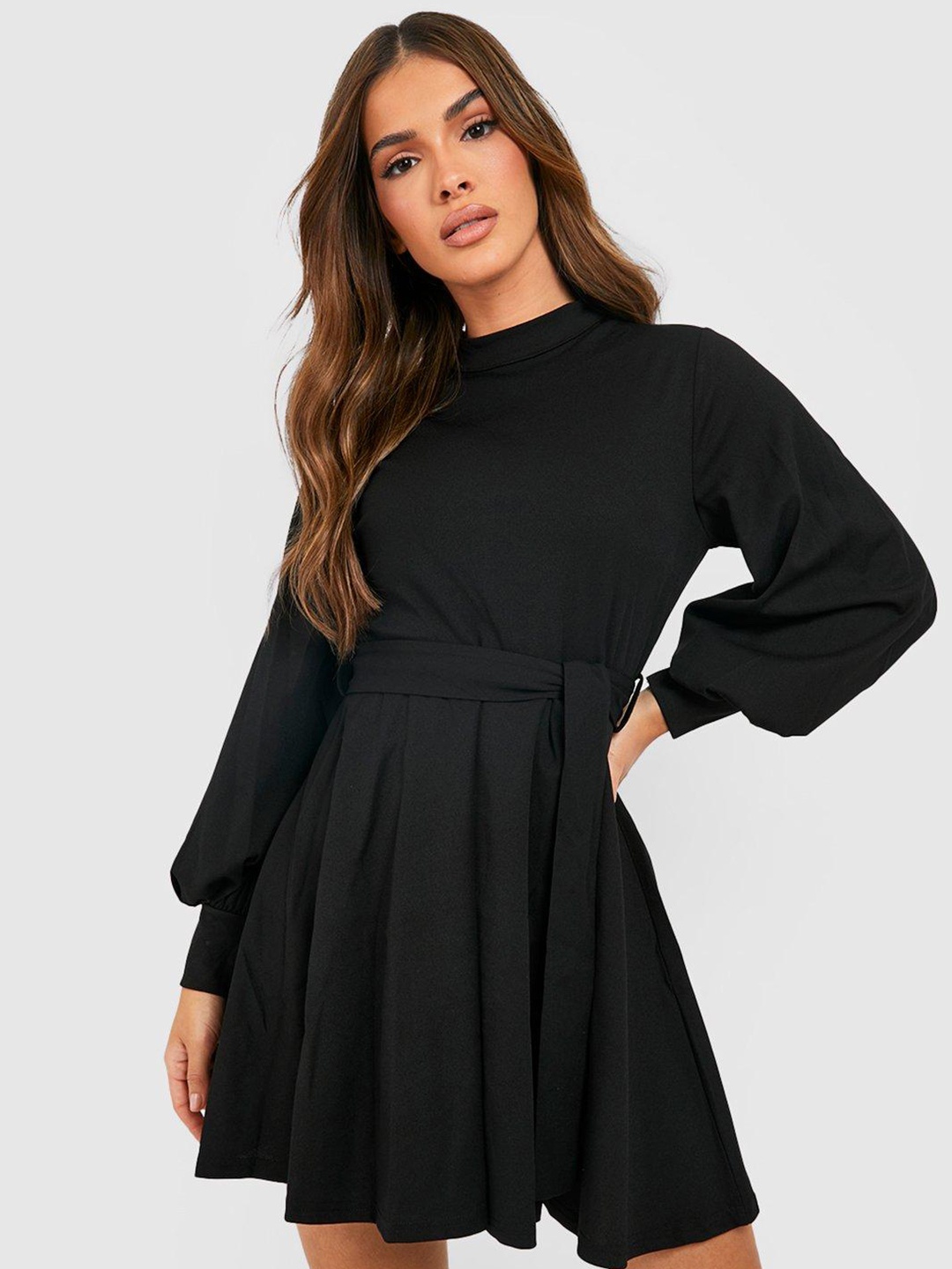 

Boohoo High Neck Balloon Sleeve Belted Skater Dress, Black