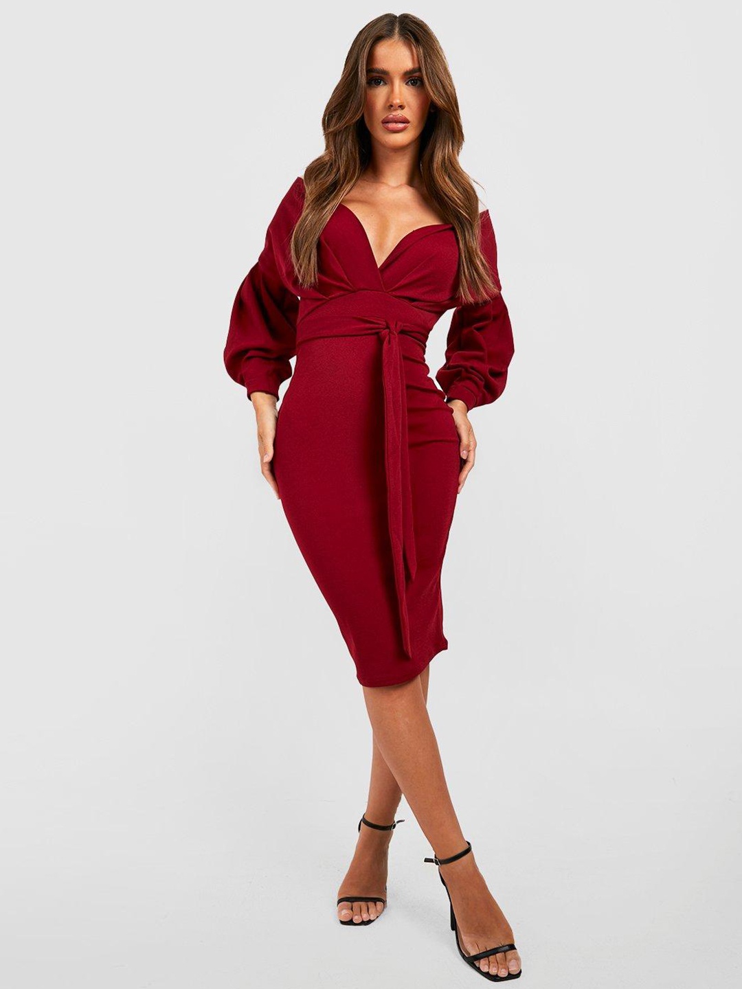 

Boohoo Off-Shoulder Solid Dress, Maroon