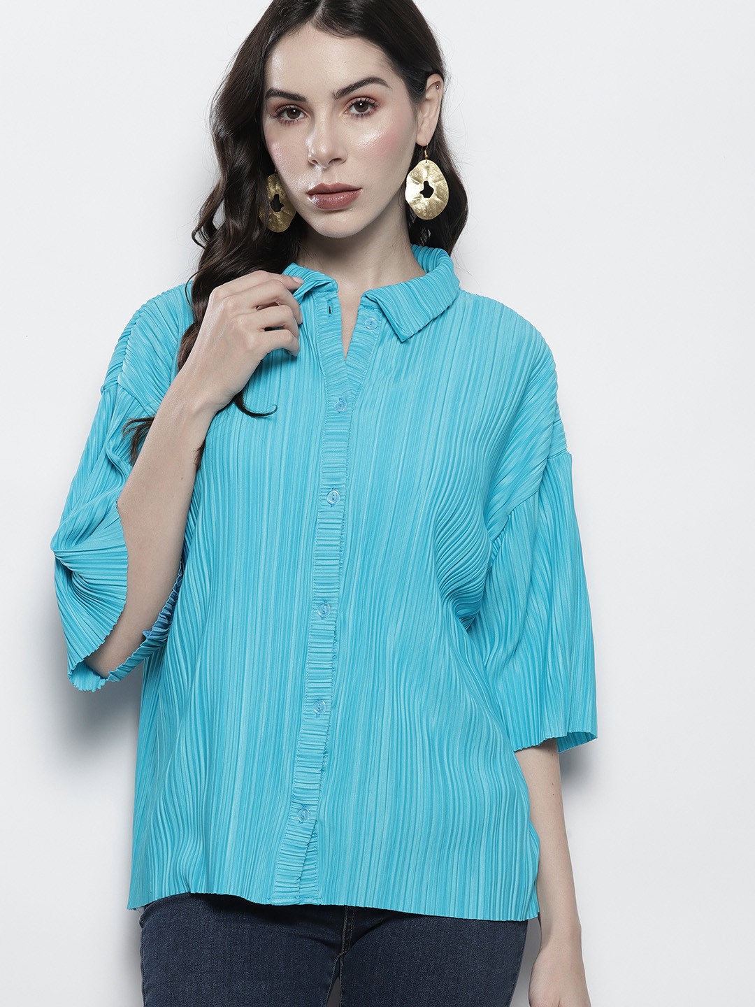 

Boohoo Women Plisse Relaxed Fit Drop Shoulder Sleeves Casual Shirt, Turquoise blue