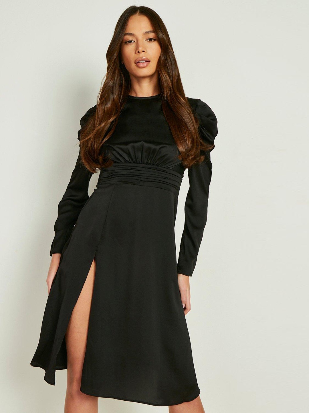 

Boohoo Satin Puff Sleeve Split Dress, Black