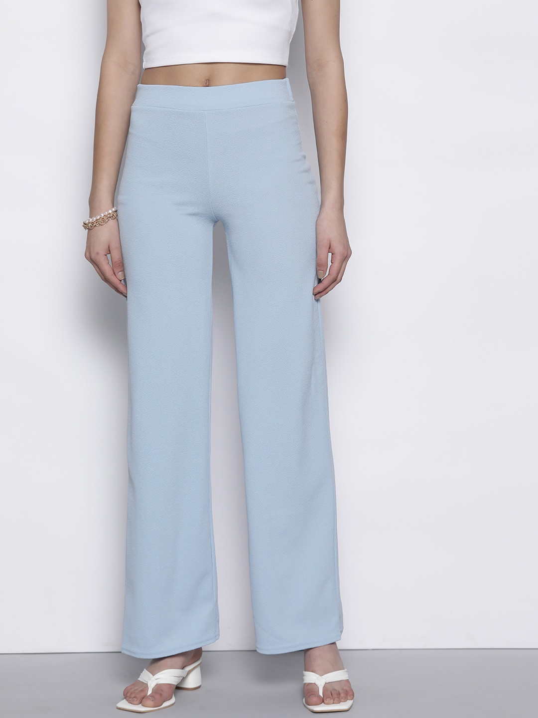 

Boohoo Women Textured Basics High Waisted Crepe Wide Leg Trousers, Blue