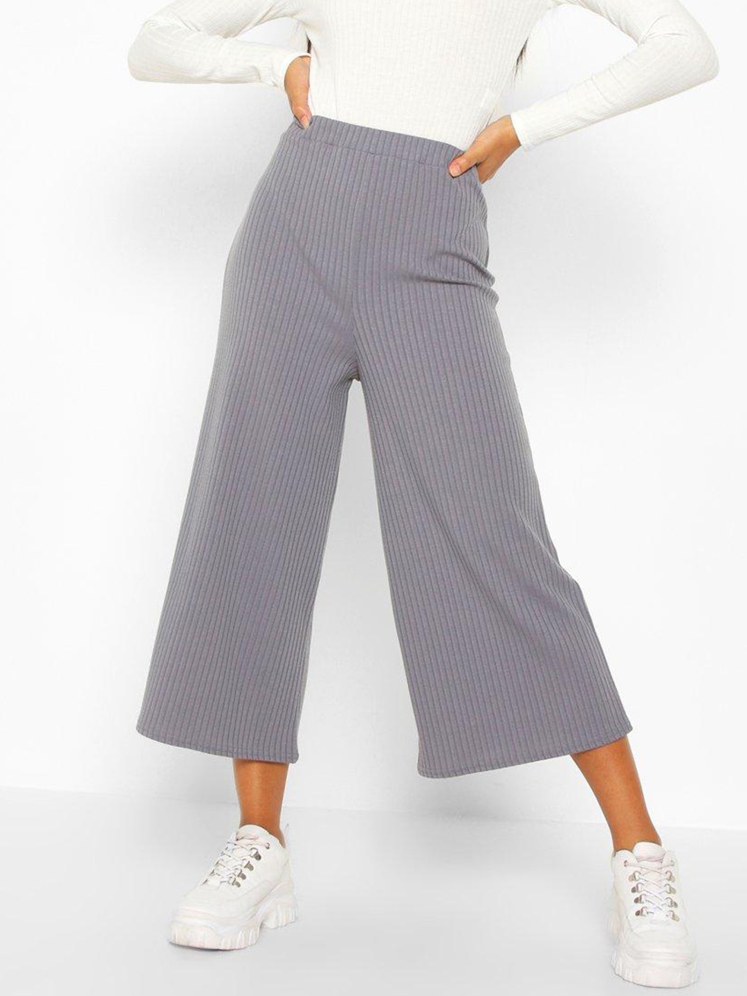 

Boohoo Women Ribbed High Waist Culottes Trousers, Grey