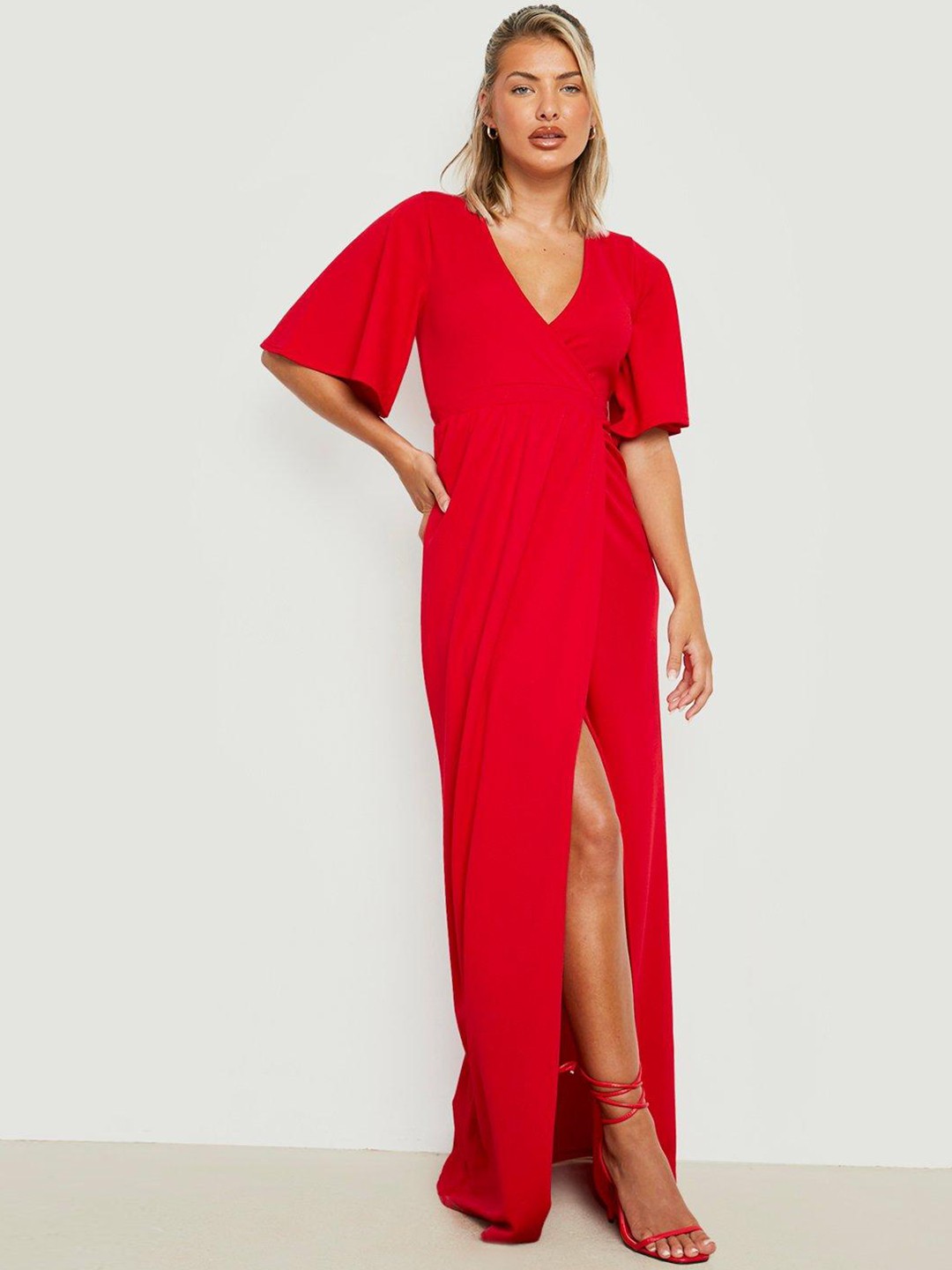 

Boohoo Wrap High Slit Maxi Dress, Red
