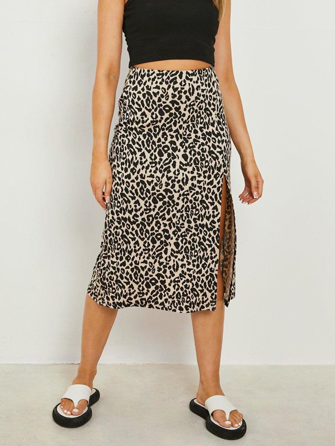 

Boohoo Animal Print High Slit A-Line Midi Skirt, Beige