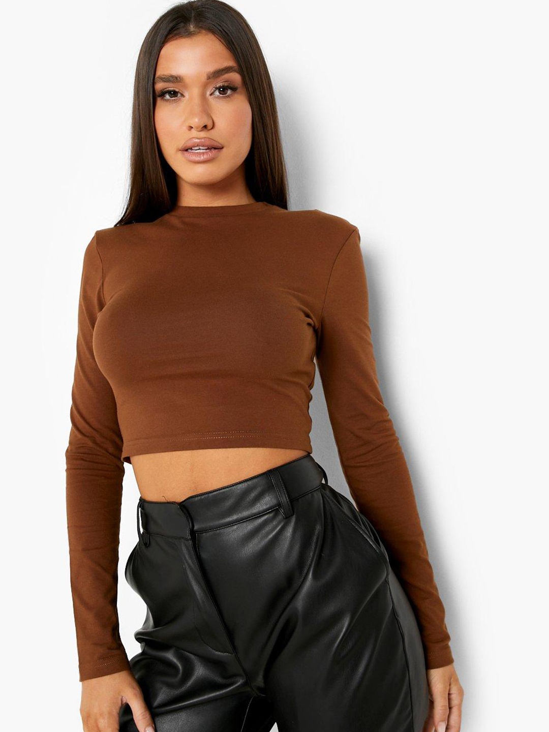 

Boohoo Solid Pure Cotton Crop Top, Brown