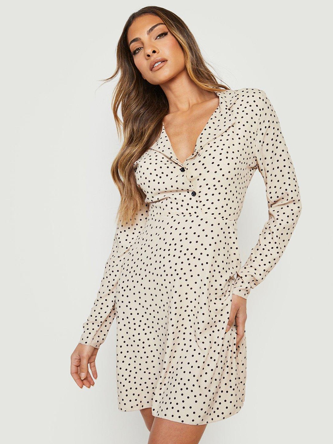 

Boohoo Polka Dot Shirt Dress, Off white