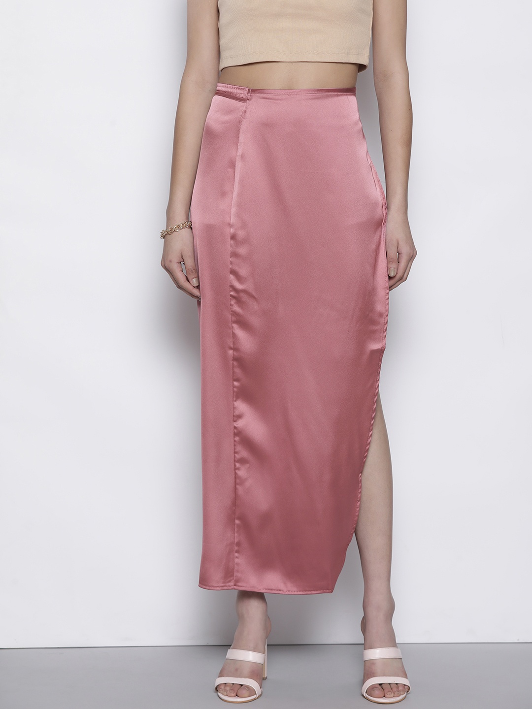 

Boohoo Satin Wrap Midi Slit Skirt, Rose