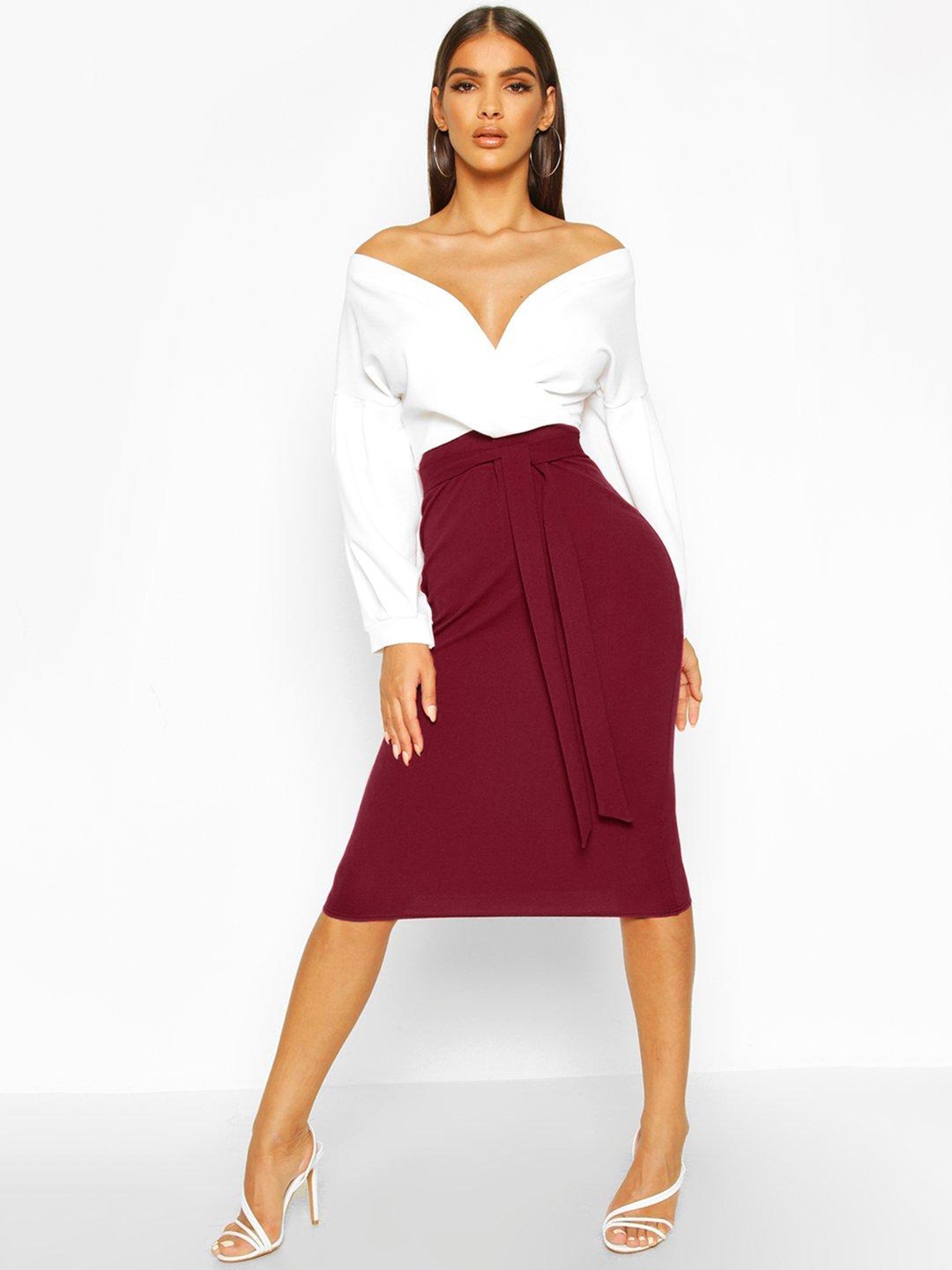 

Boohoo Colourblocked Off-Shoulder Wrap Midi Dress, White