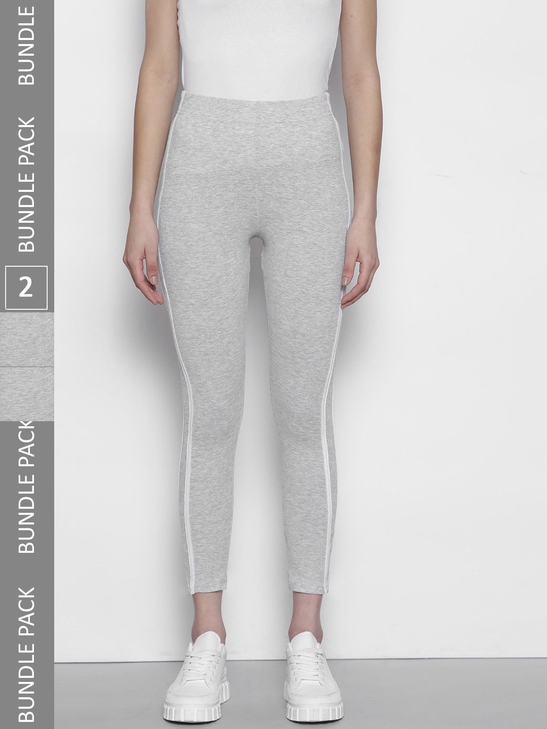 

Boohoo Women Pack of 2 High Waisted Stripe Leggings, Grey melange
