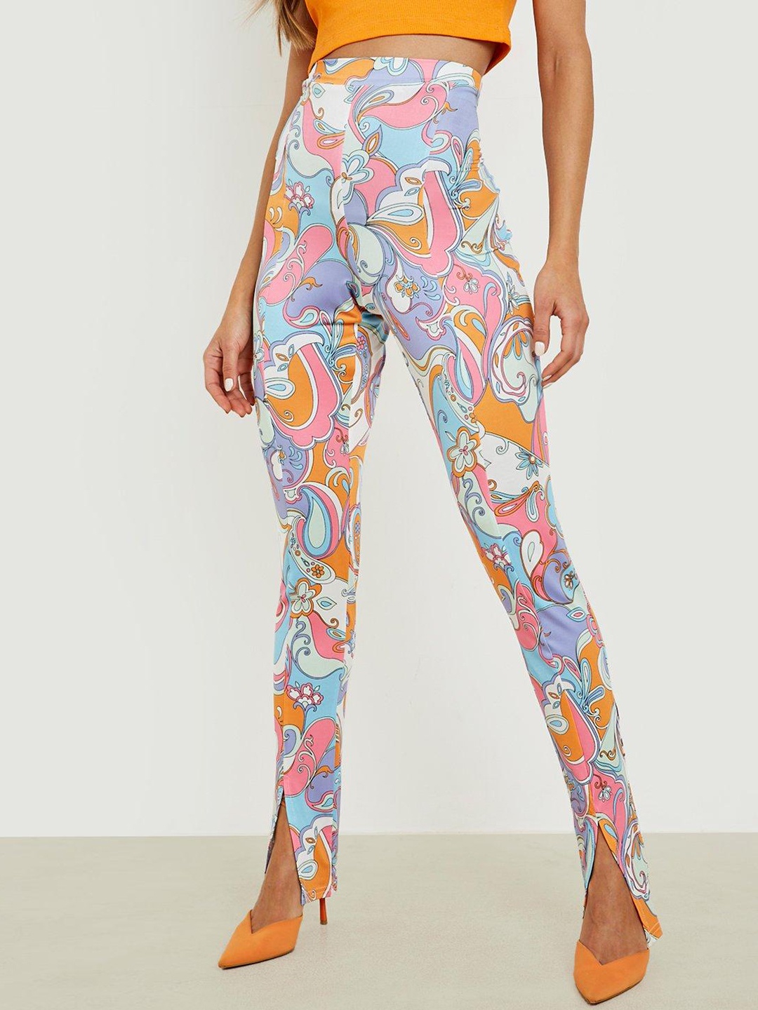 

Boohoo Women Blue Printed High-Rise Trousers