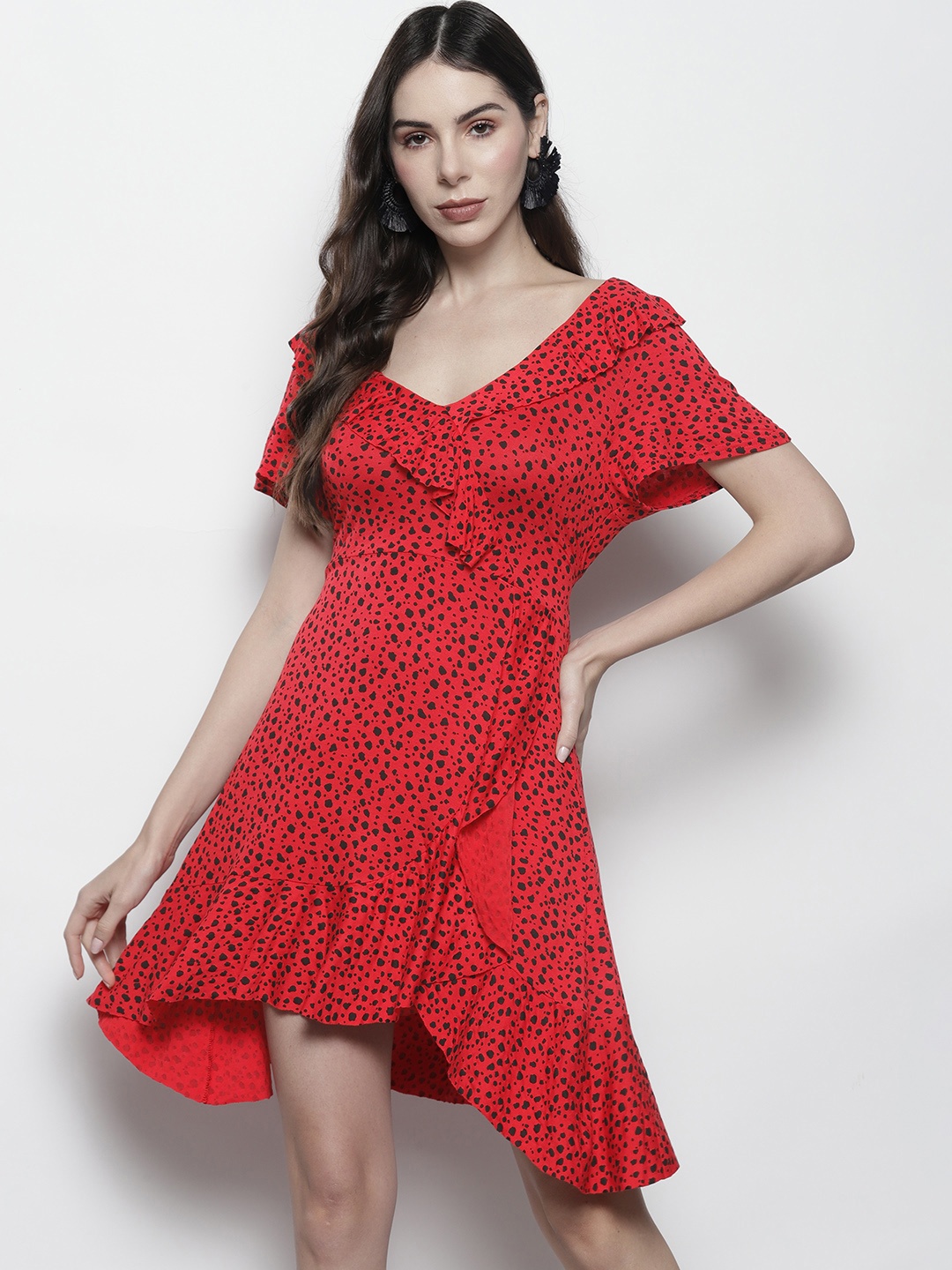 

Boohoo Dalmatian Print Ruffled Wrap Dress, Red