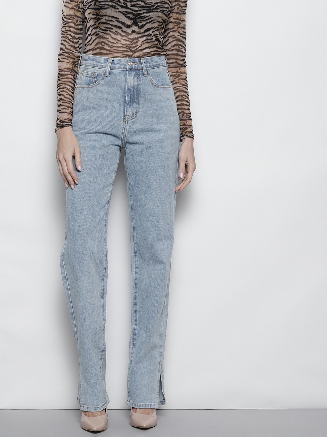 

Boohoo Women Side Split Straight Fit High-Rise Stretchable Jeans, Blue