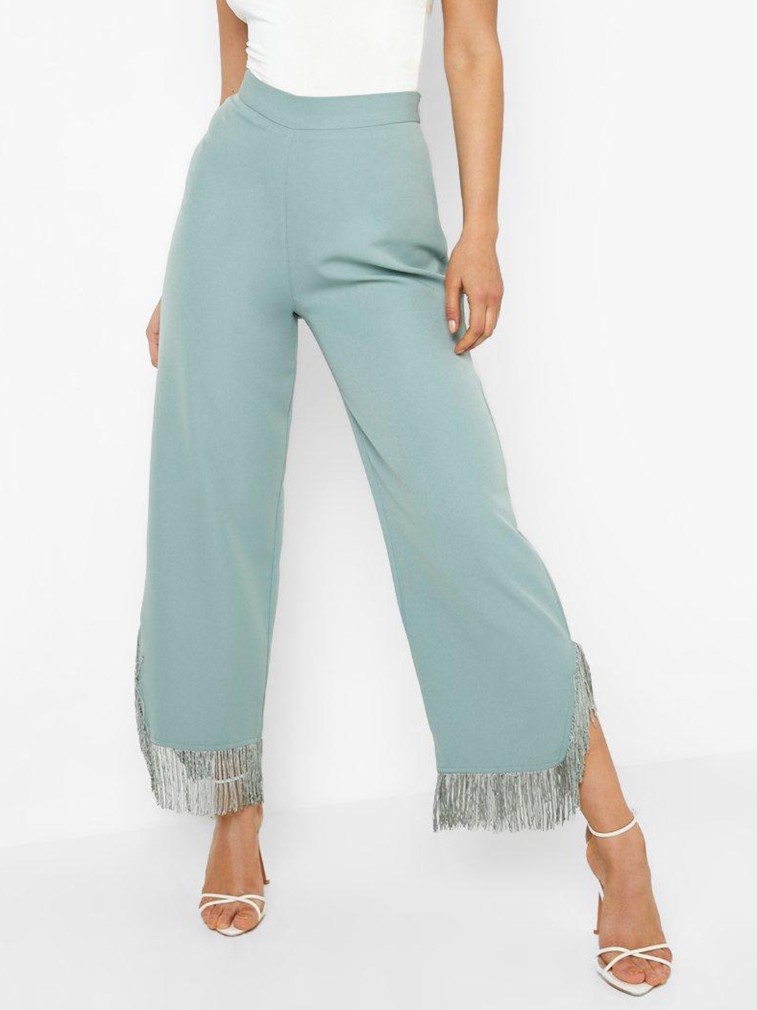 

Boohoo Women Tassel Hem Straight Leg Trousers, Blue