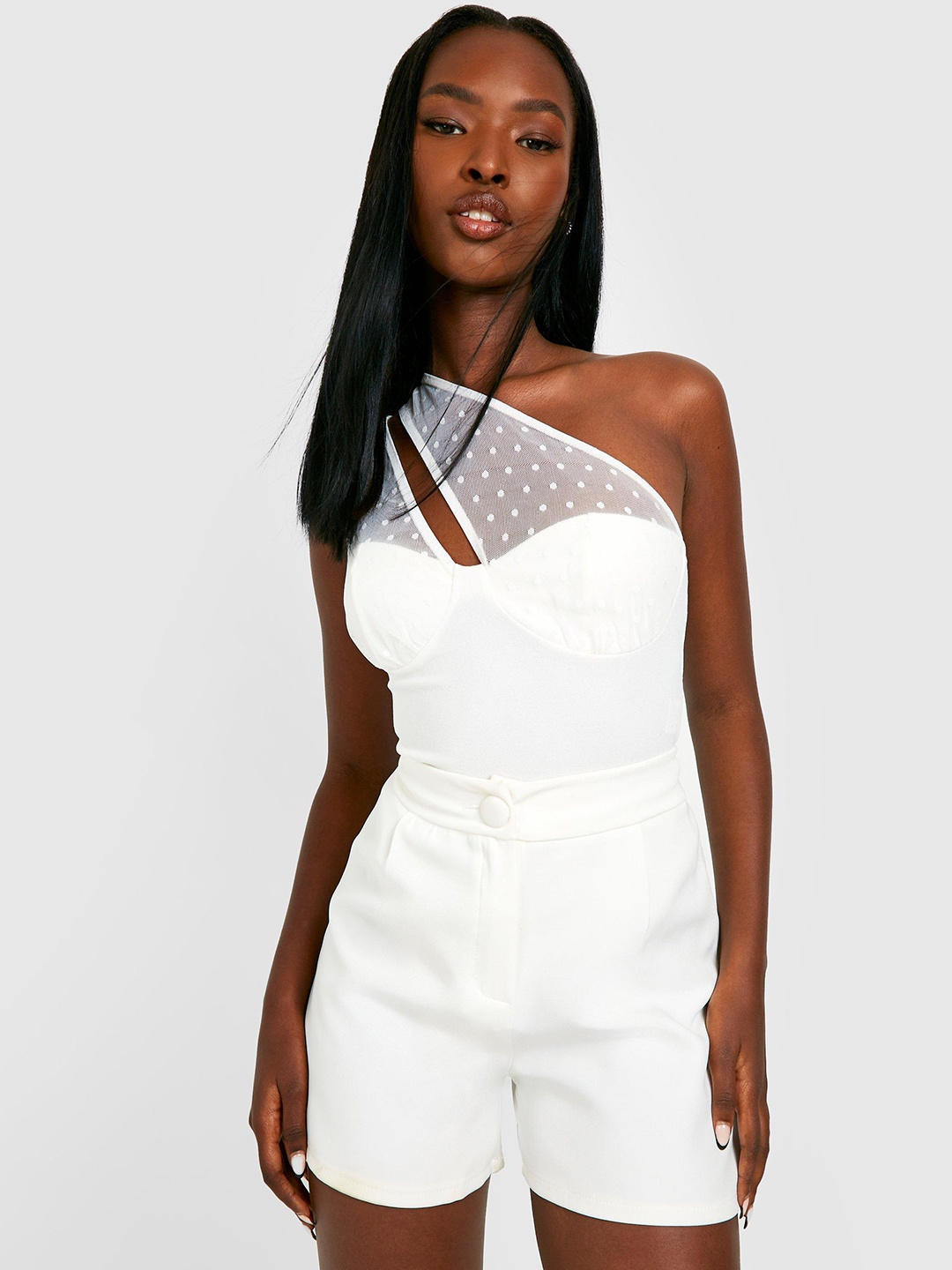

Boohoo Dobby Woven Cupped Bodysuit, White
